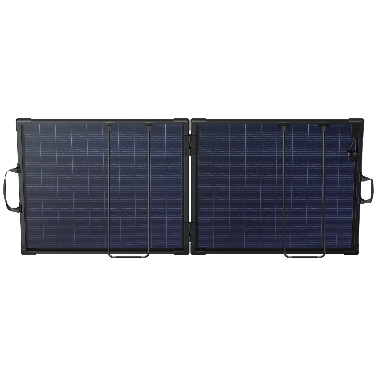 Un panneau solaire bleu pliable et portable avec cadre noir et béquilles sur fond blanc.