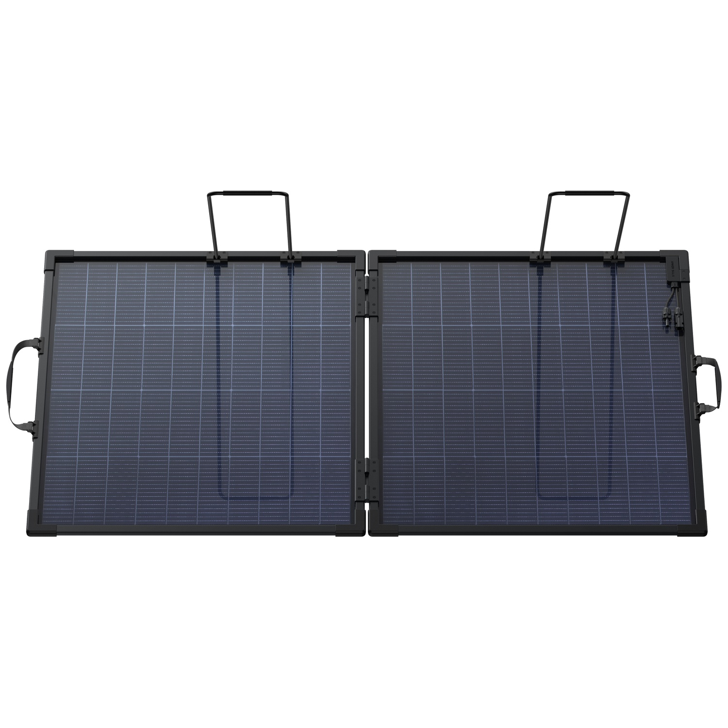 Un panneau solaire portable et pliable avec deux panneaux bleus dans un cadre noir et des poignées.