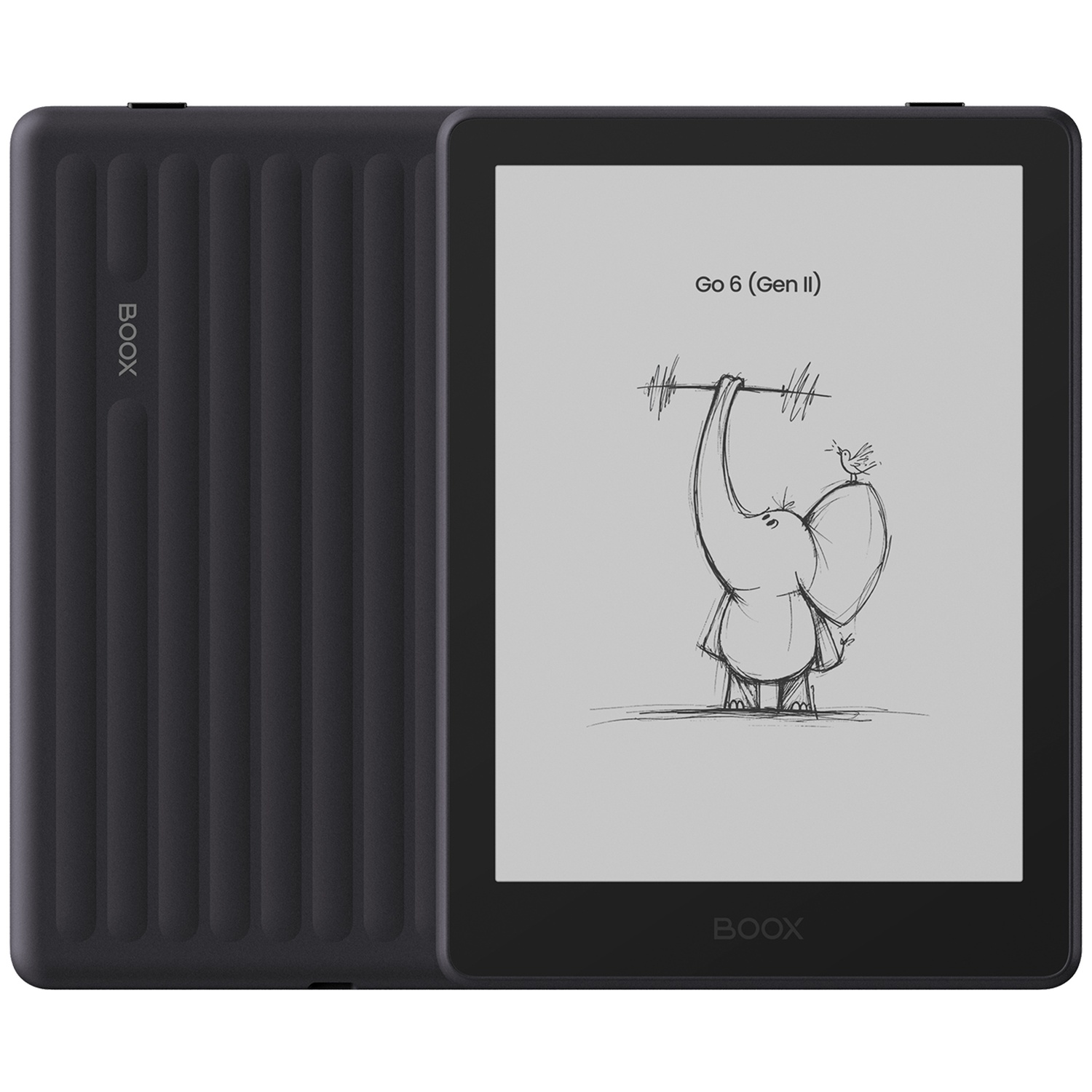 Une liseuse Onyx Boox Go 6 noire avec étui présente un croquis d'un éléphant soulevant des poids.