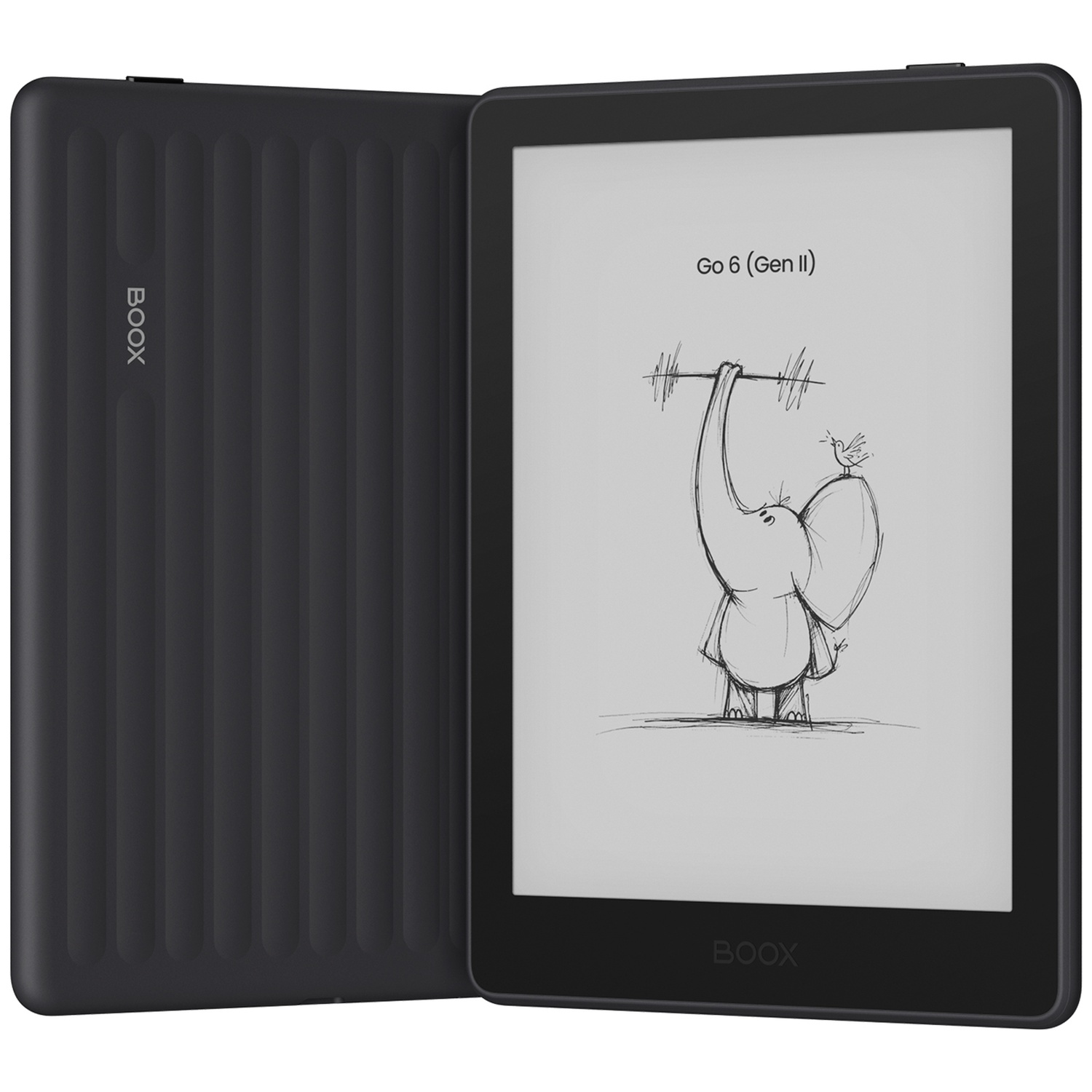 Une liseuse noire Onyx Boox Go 6 avec coque, affichant le croquis d'un éléphant soulevant une haltère.
