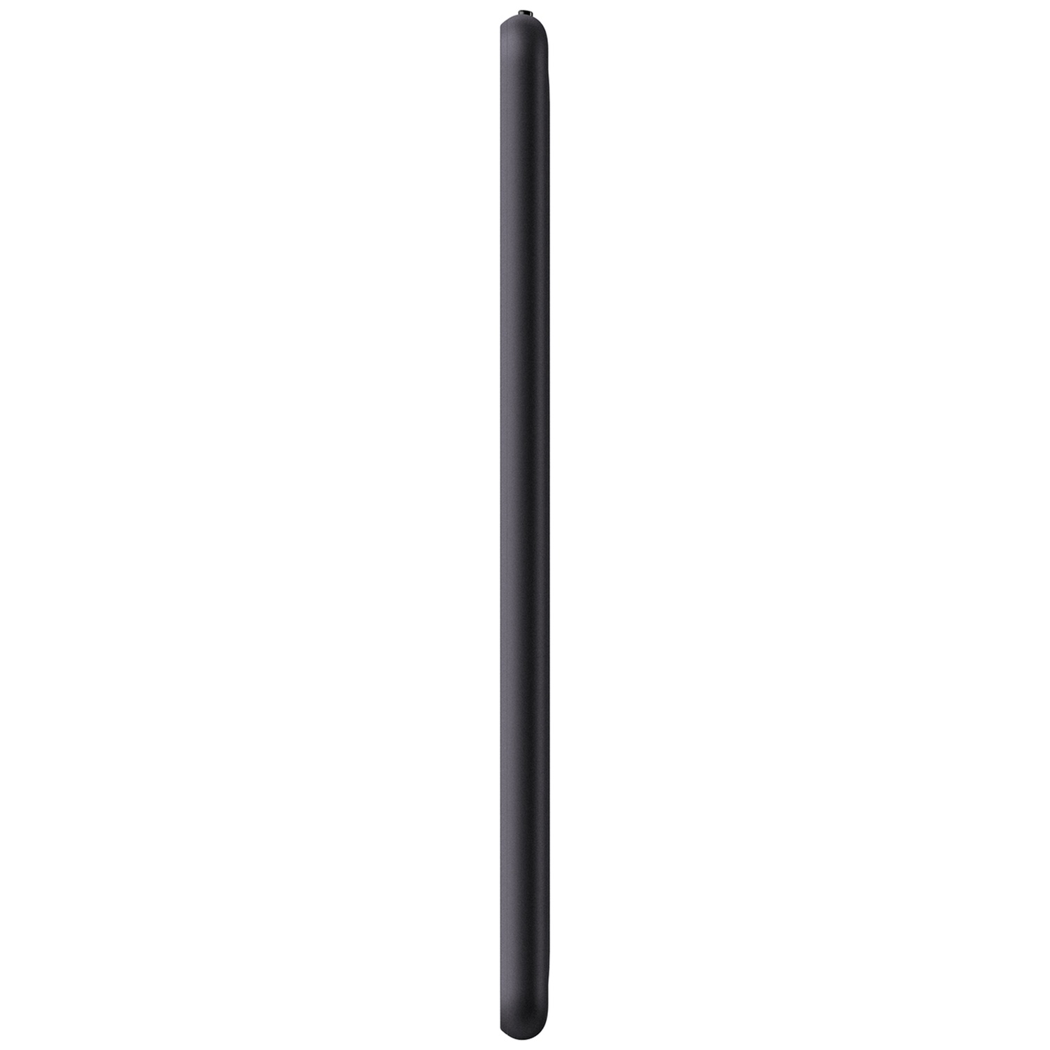 Vue latérale d'un appareil électronique noir et fin à la surface lisse sur fond blanc.