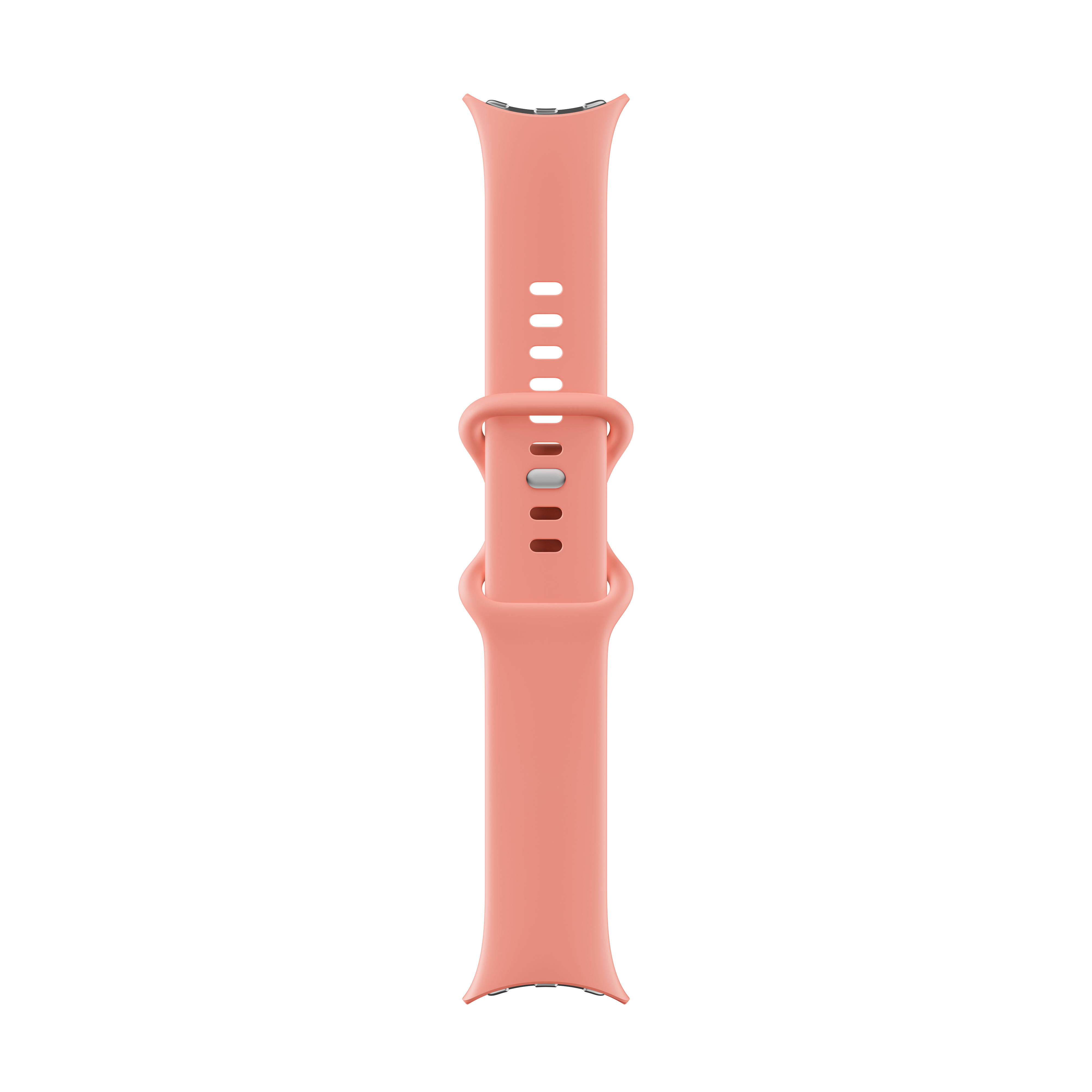 Ein rosafarbenes Silikon-Smartwatch-Armband mit Schnalle und Verstelllöchern, vertikal zentriert auf weißem Hintergrund.