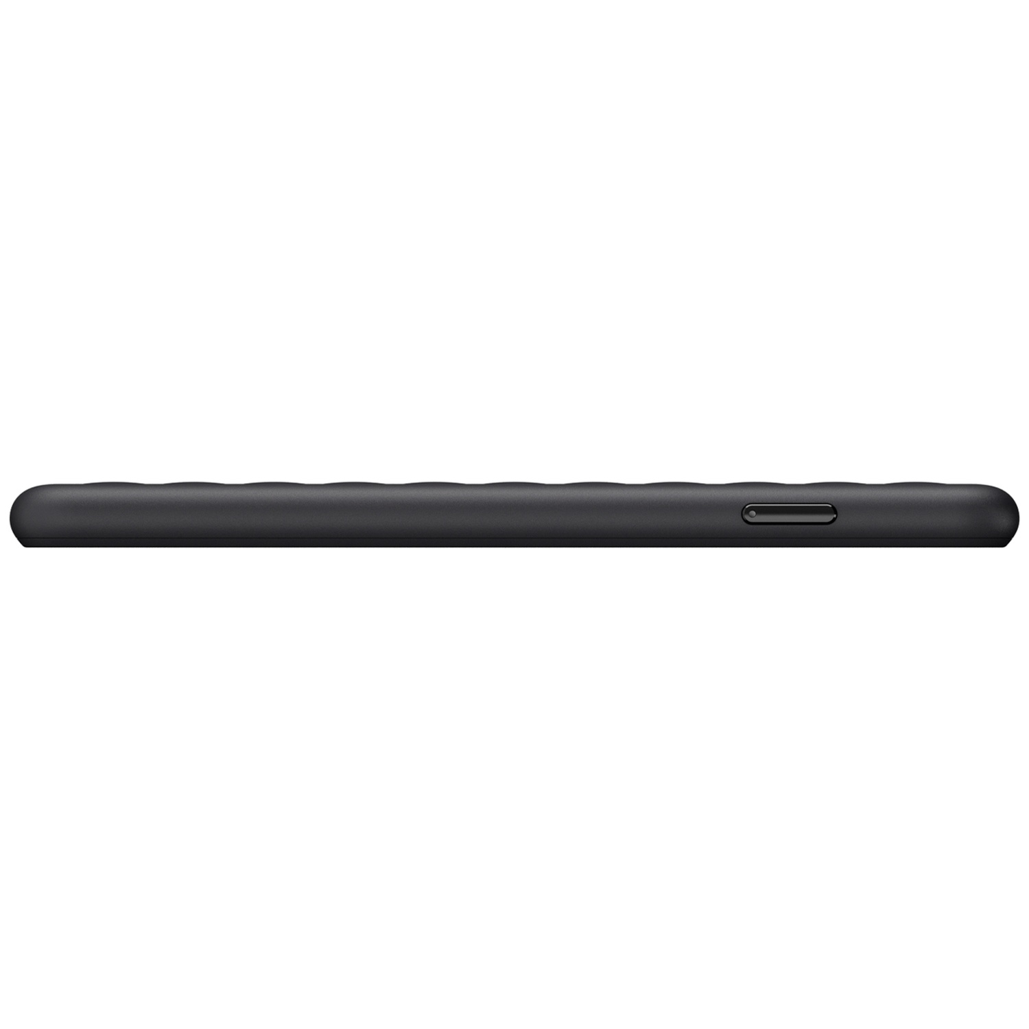 Vue latérale d'un smartphone noir avec un seul bouton, sur fond blanc.