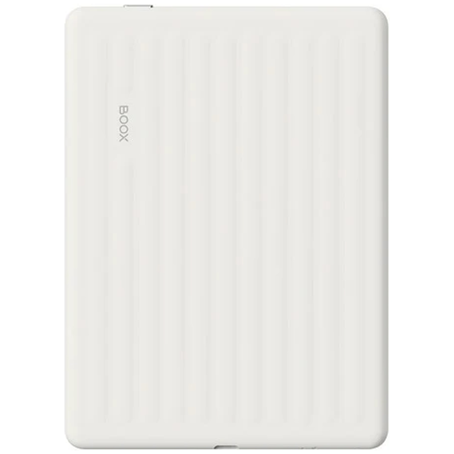Un étui de tablette Boox blanc avec des rayures verticales et un logo discret.