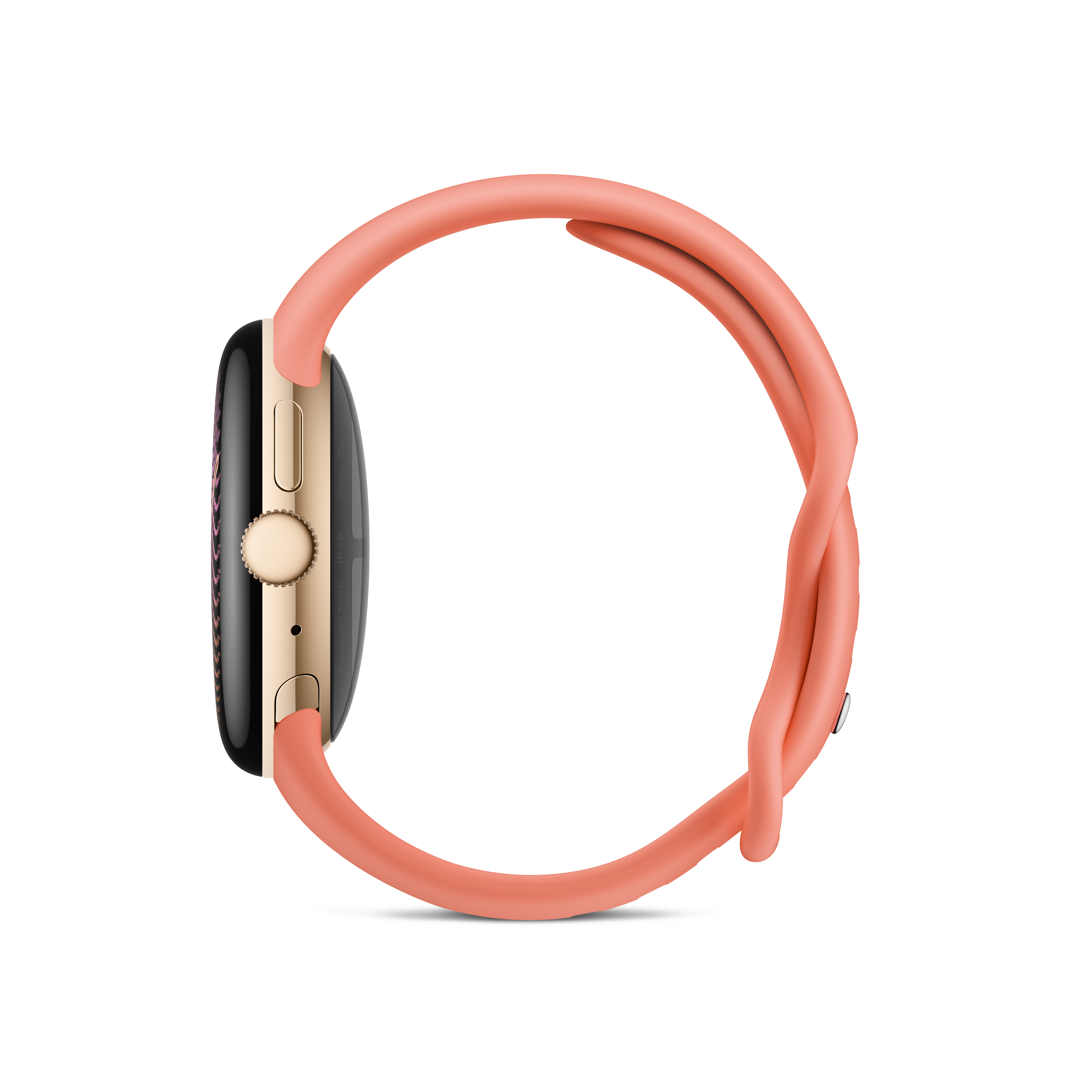 Seitenansicht einer Smartwatch mit goldenem Gehäuse und rosafarbenem Silikonarmband auf weißem Hintergrund.