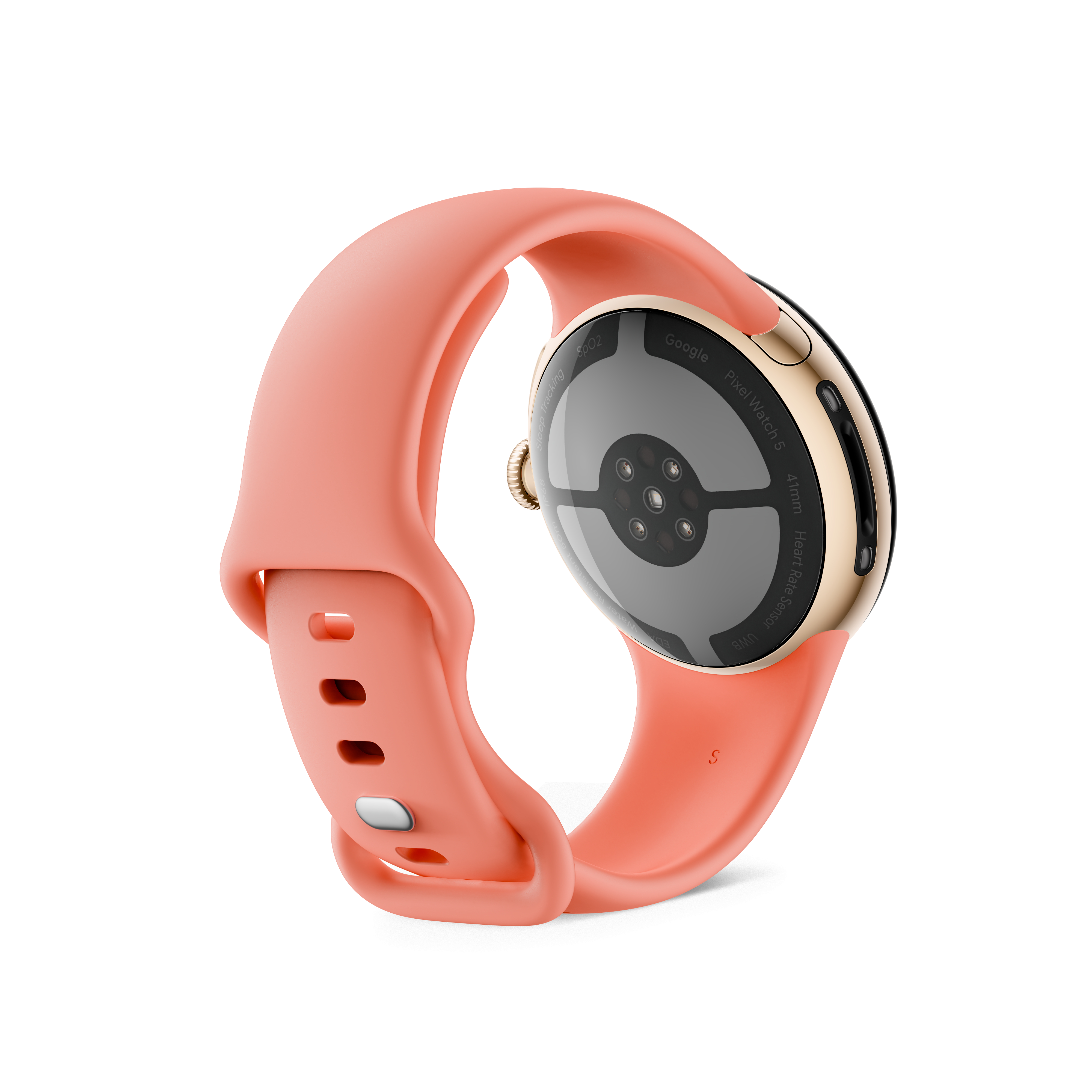 Eine rosafarbene Smartwatch mit goldenem Gehäuse und Sensorrückseite, freigestellt auf weißem Hintergrund.