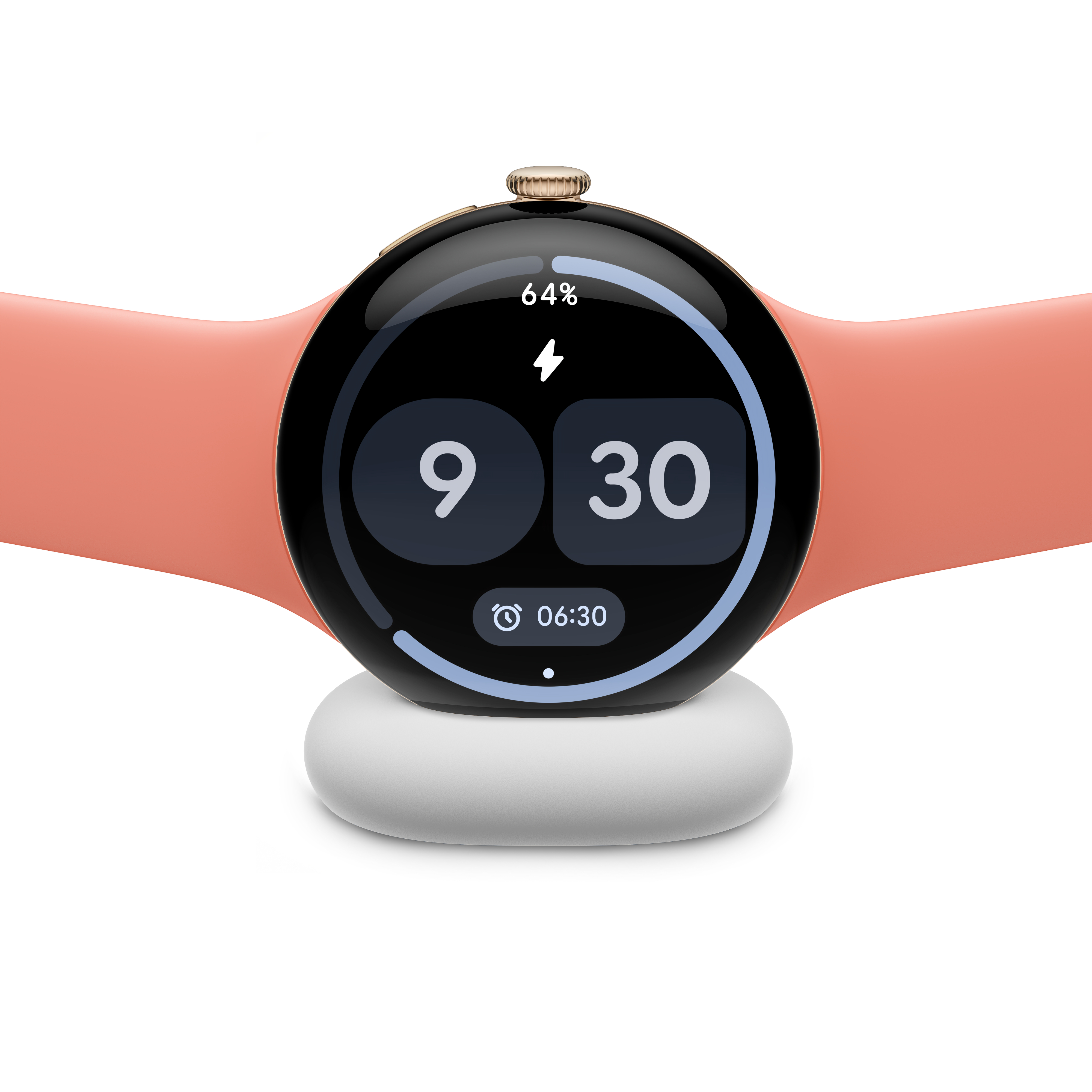 Eine rosafarbene Smartwatch mit Lade-Display auf einer weißen Ladestation vor weißem Hintergrund.