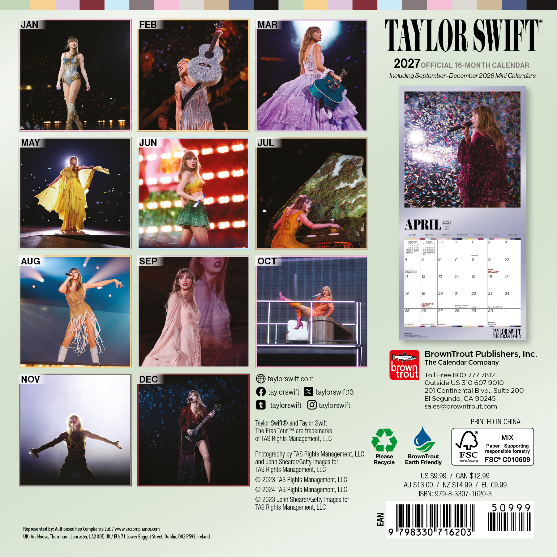 Taylor Swift 2027-es hivatalos 16 hónapos naptár koncertfotókkal és április oldallal a hátoldalon.