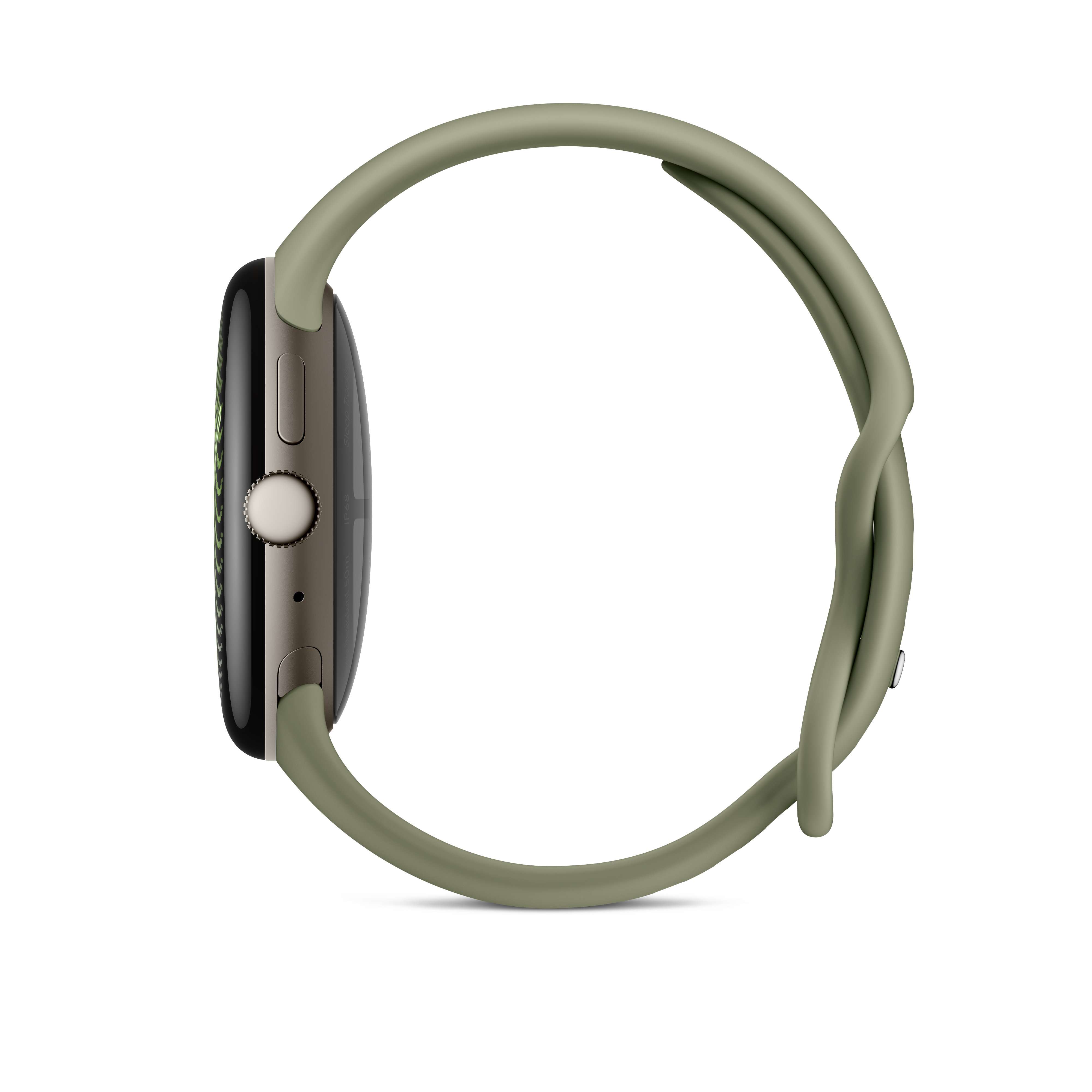 Seitenansicht einer Smartwatch mit grünem Armband und runden Gehäuse auf weißem Grund.