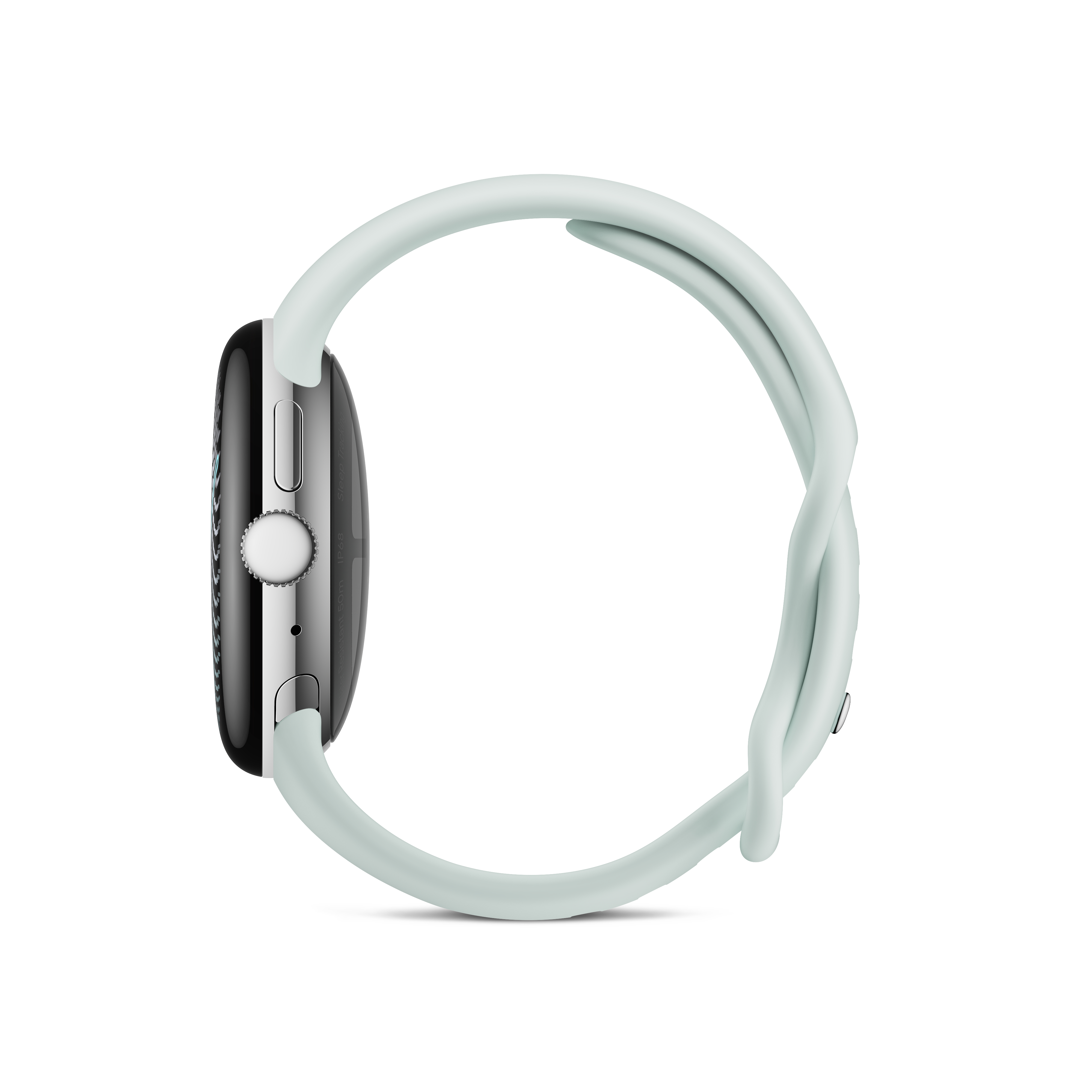 Seitenansicht einer Smartwatch mit silbernem Gehäuse und hellgrünem Silikonarmband auf weißem Hintergrund.