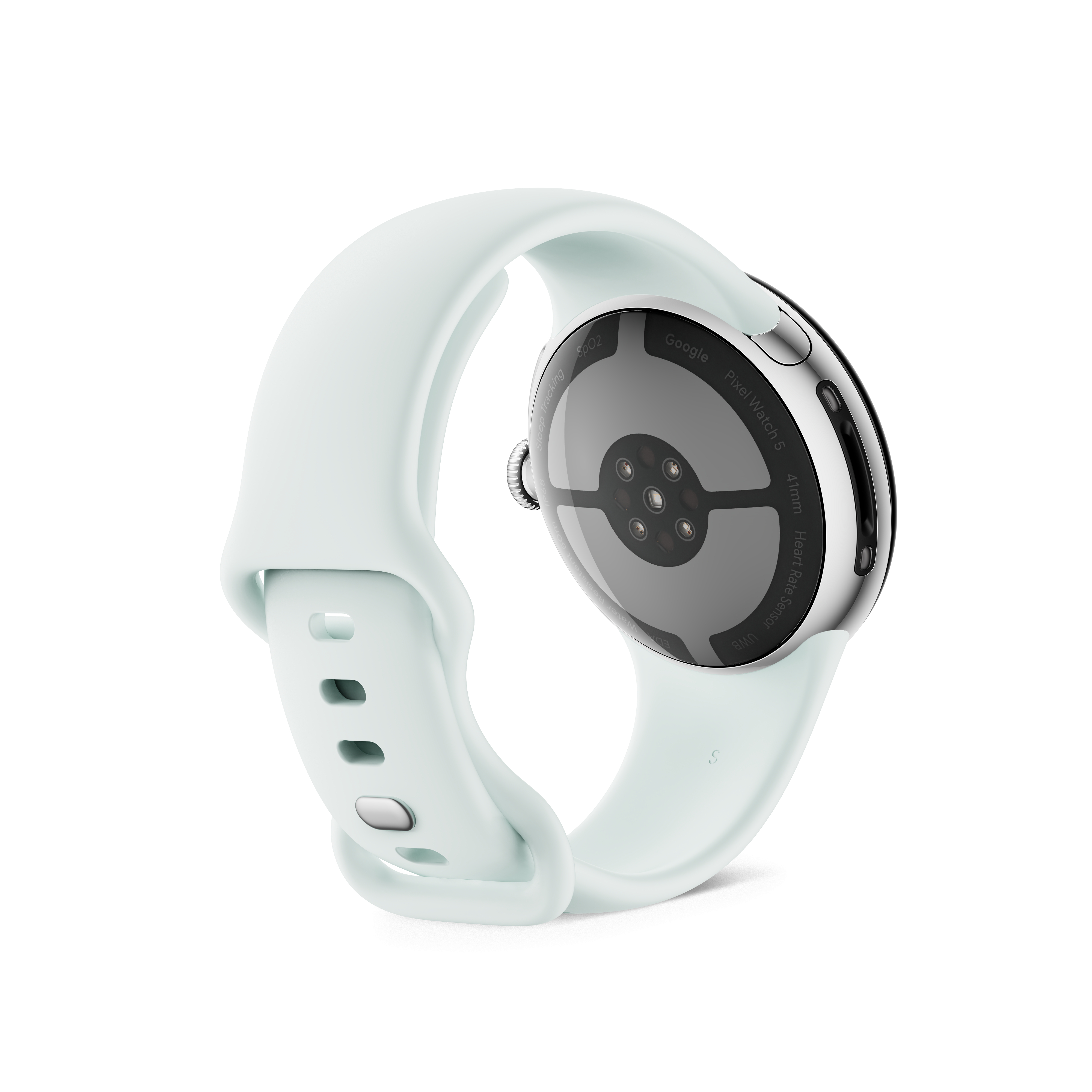 Rückseite einer hellgrünen Smartwatch mit Sensoren auf weißem Hintergrund.