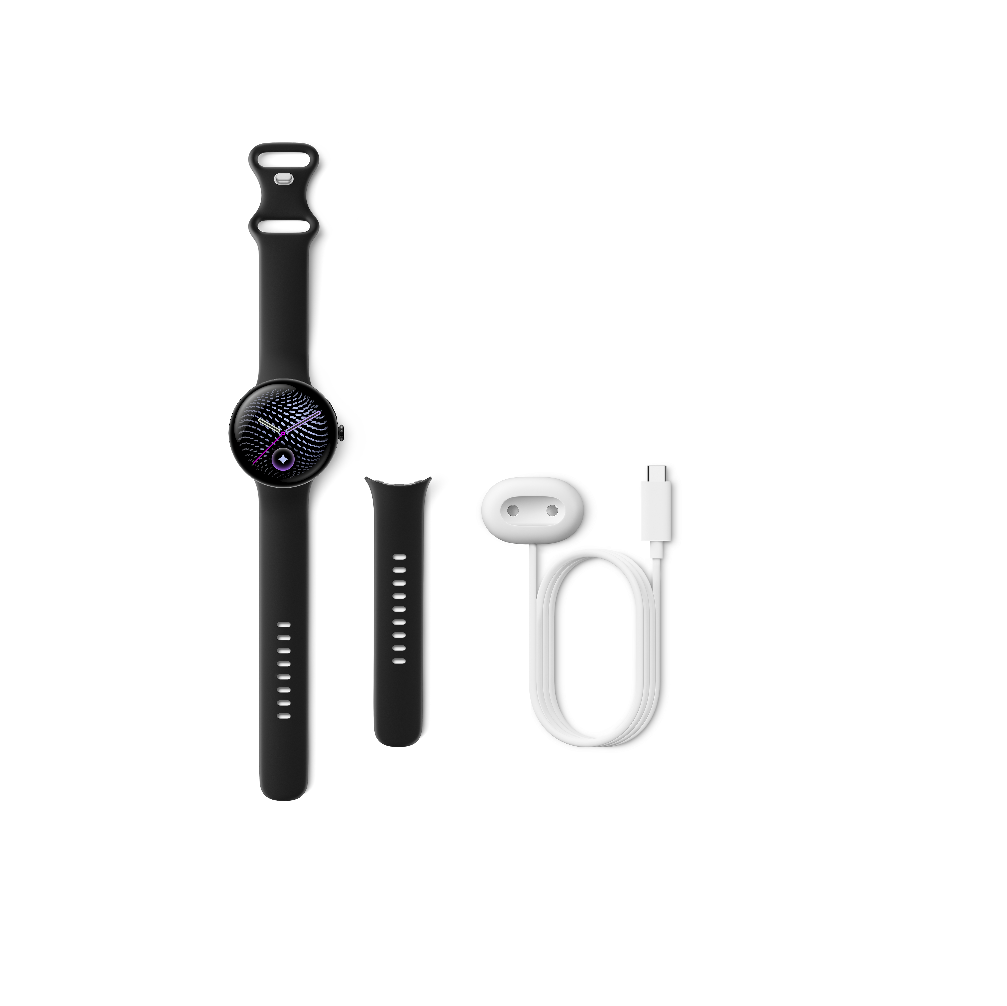 Eine schwarze Smartwatch mit einem zusätzlichen Band, einem weißen Ladedock und einem USB-C-Kabel.
