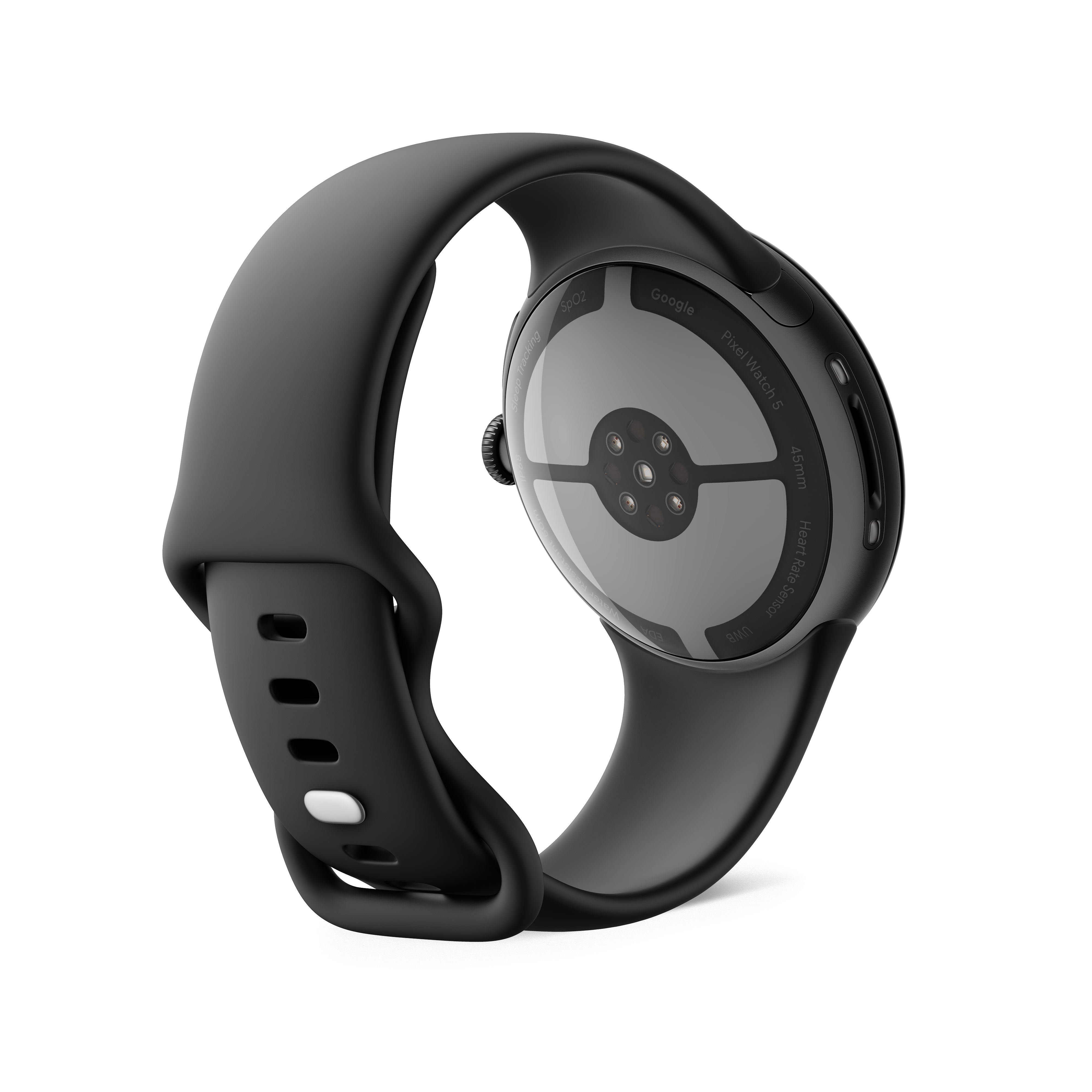 Rückseite einer schwarzen Google Pixel Watch mit Sensoren und Kautschukarmband auf weißem Hintergrund.