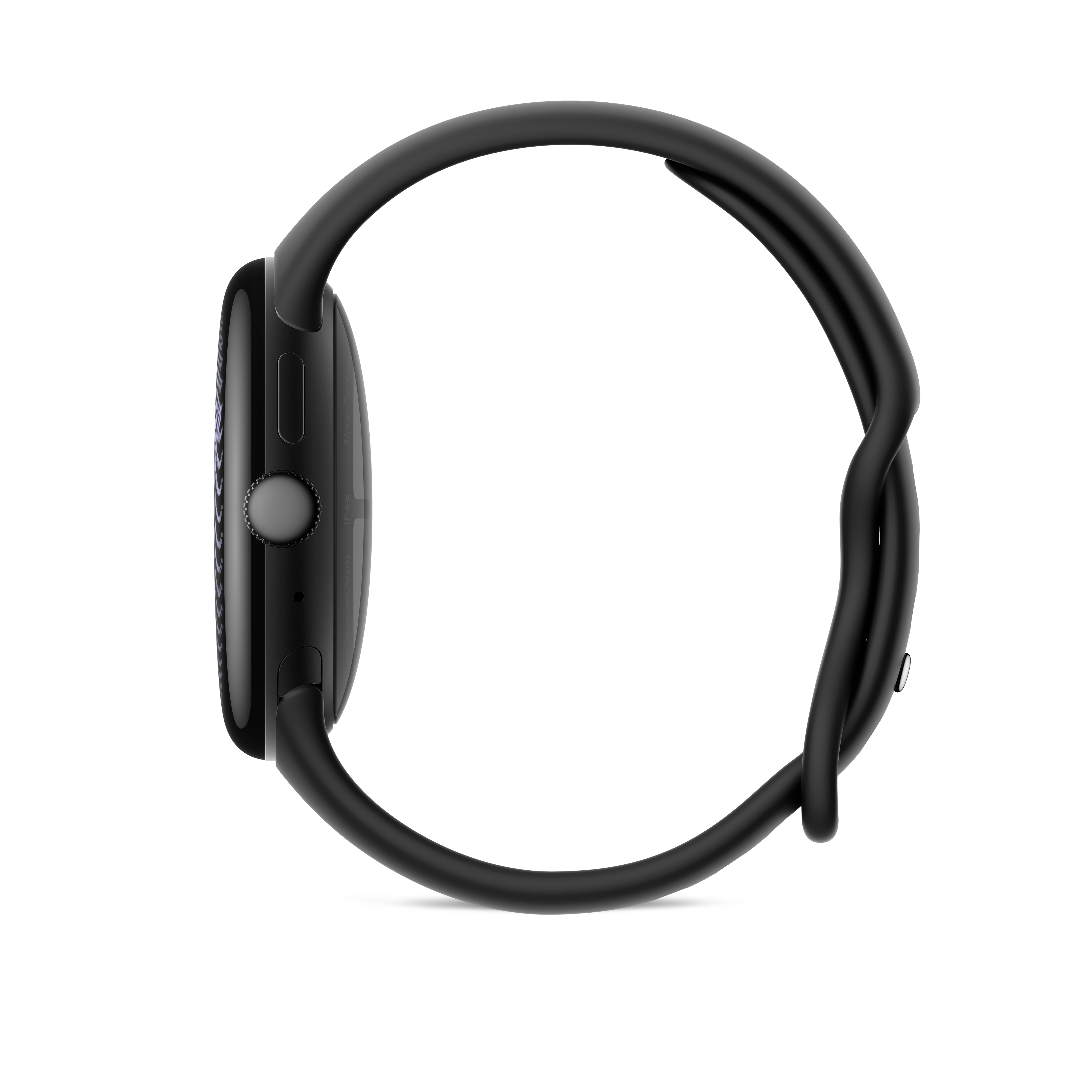 Eine schwarze Smartwatch mit rundem Gehäuse und Silikonarmband wird von der Seite auf weißem Hintergrund gezeigt.