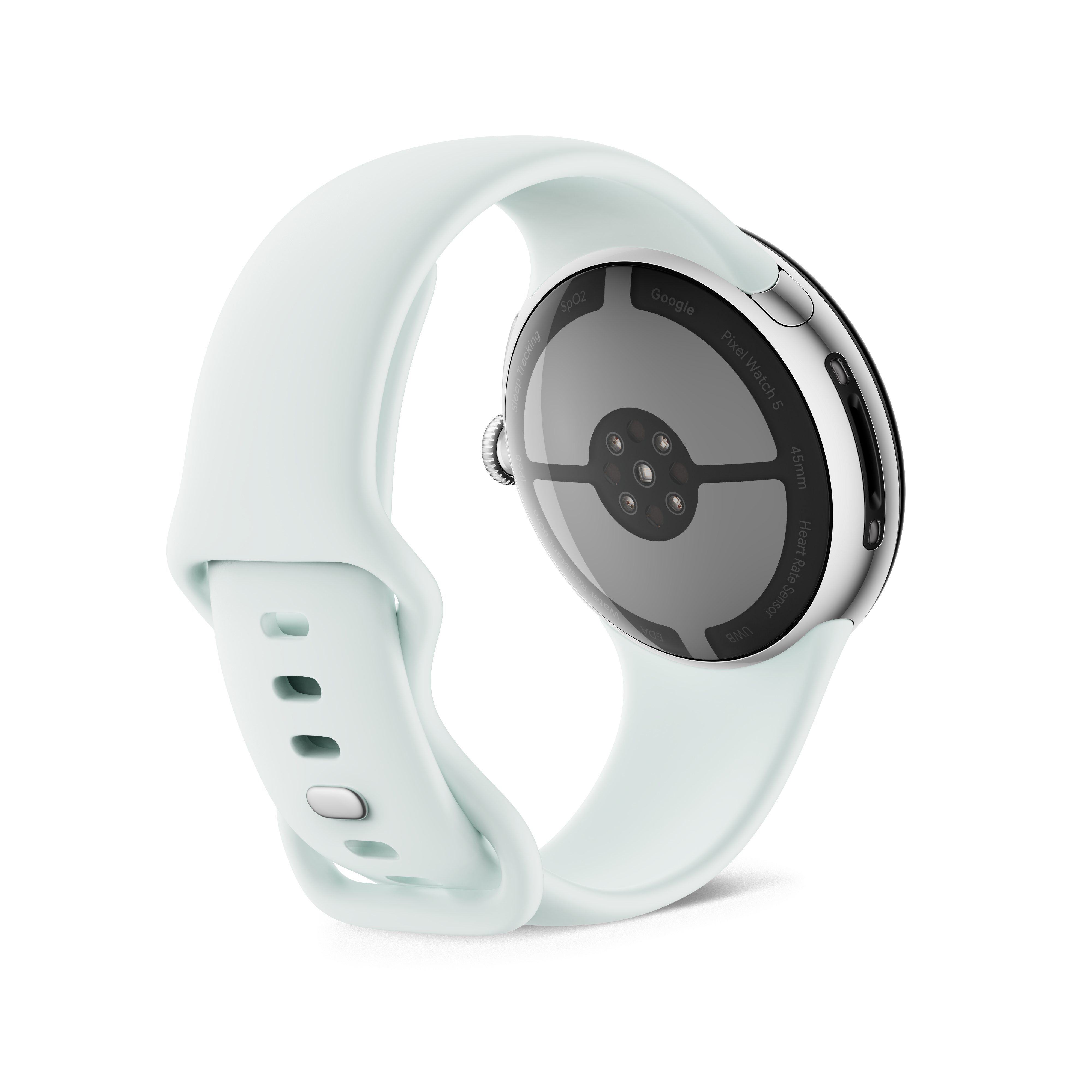 Rückseite einer hellgrünen Google Pixel Watch 5 mit Sensoren auf weißem Hintergrund.