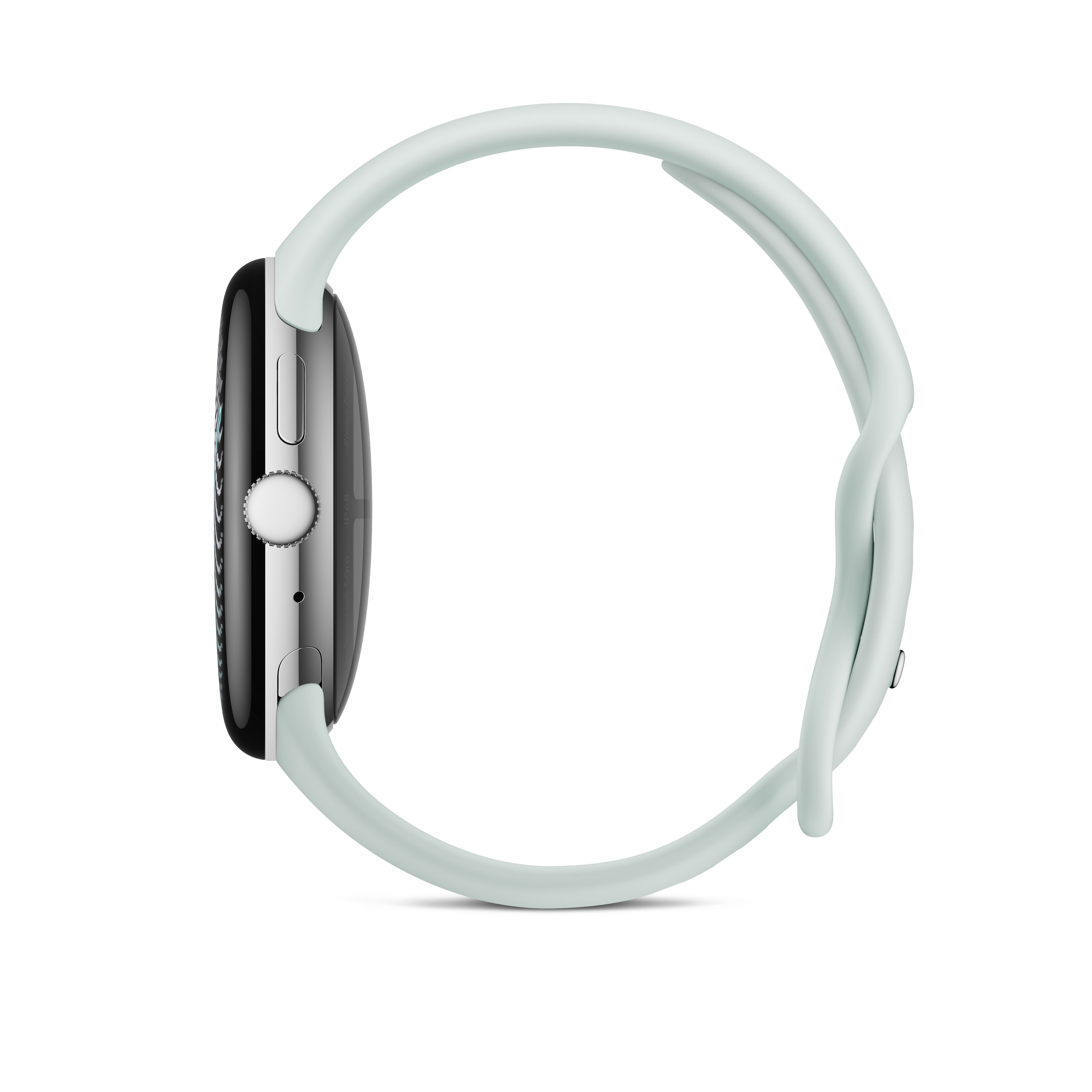 Seitenansicht einer Smartwatch mit schwarzem Gehäuse und hellgrünem Silikonarmband auf weißem Hintergrund.
