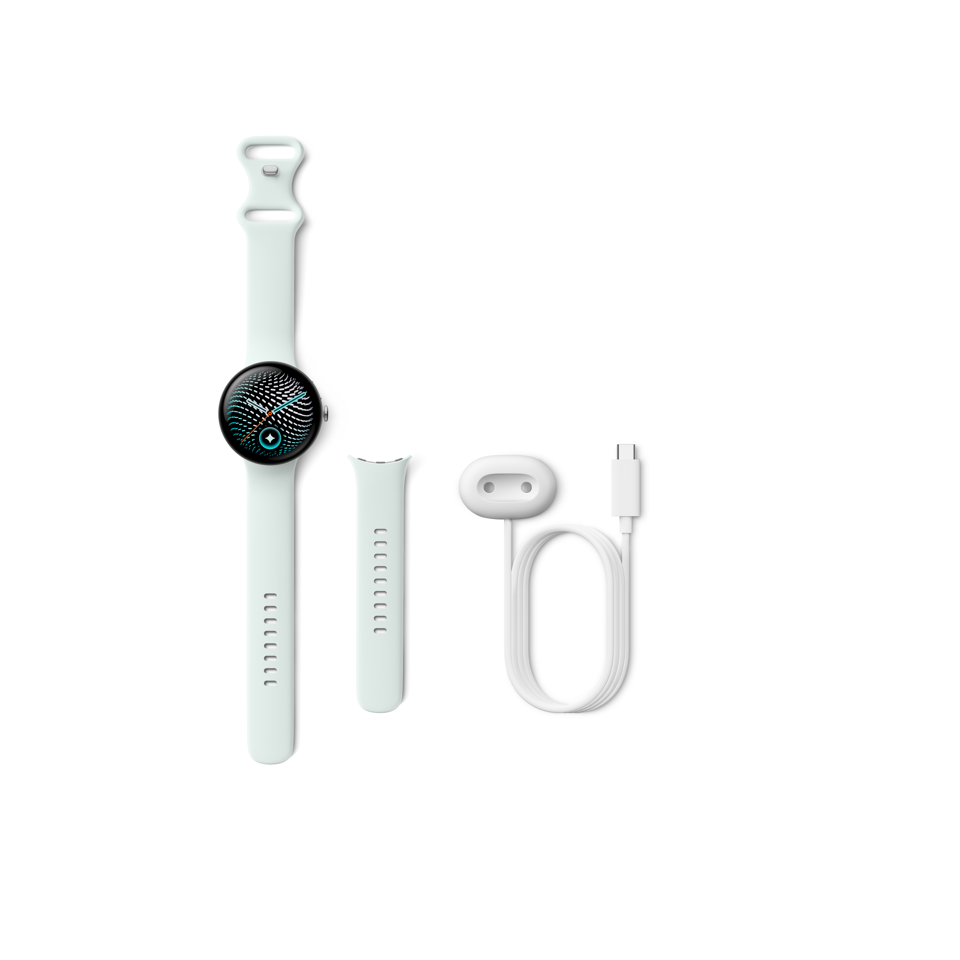 Eine weiße Smartwatch mit Armband, ein Ersatzarmband und ein Ladekabel mit USB-C-Stecker auf weißem Hintergrund.