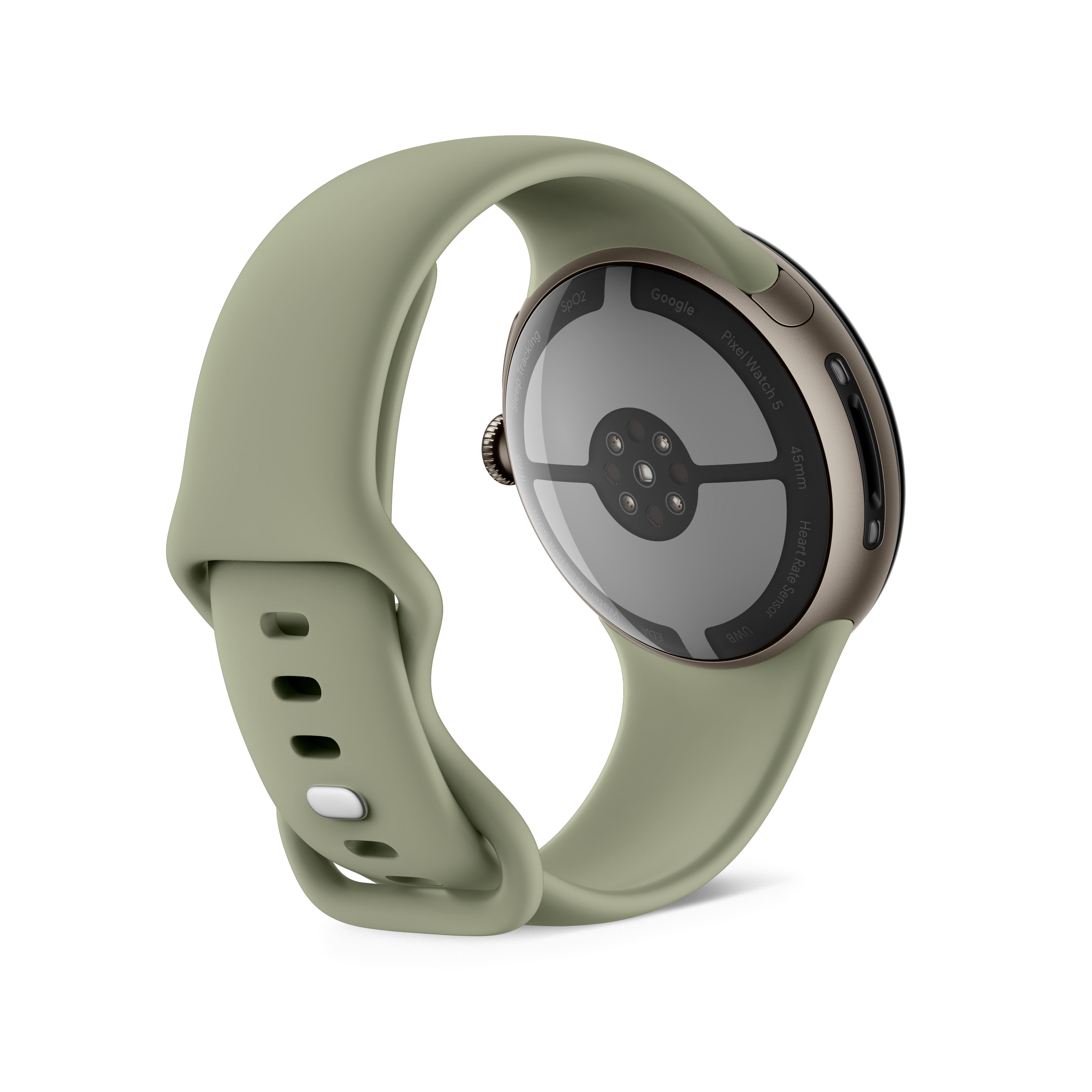 Rückseite einer grauen Smartwatch mit Sensoren und einem passenden silbergrauen Silikonarmband auf weißem Hintergrund.