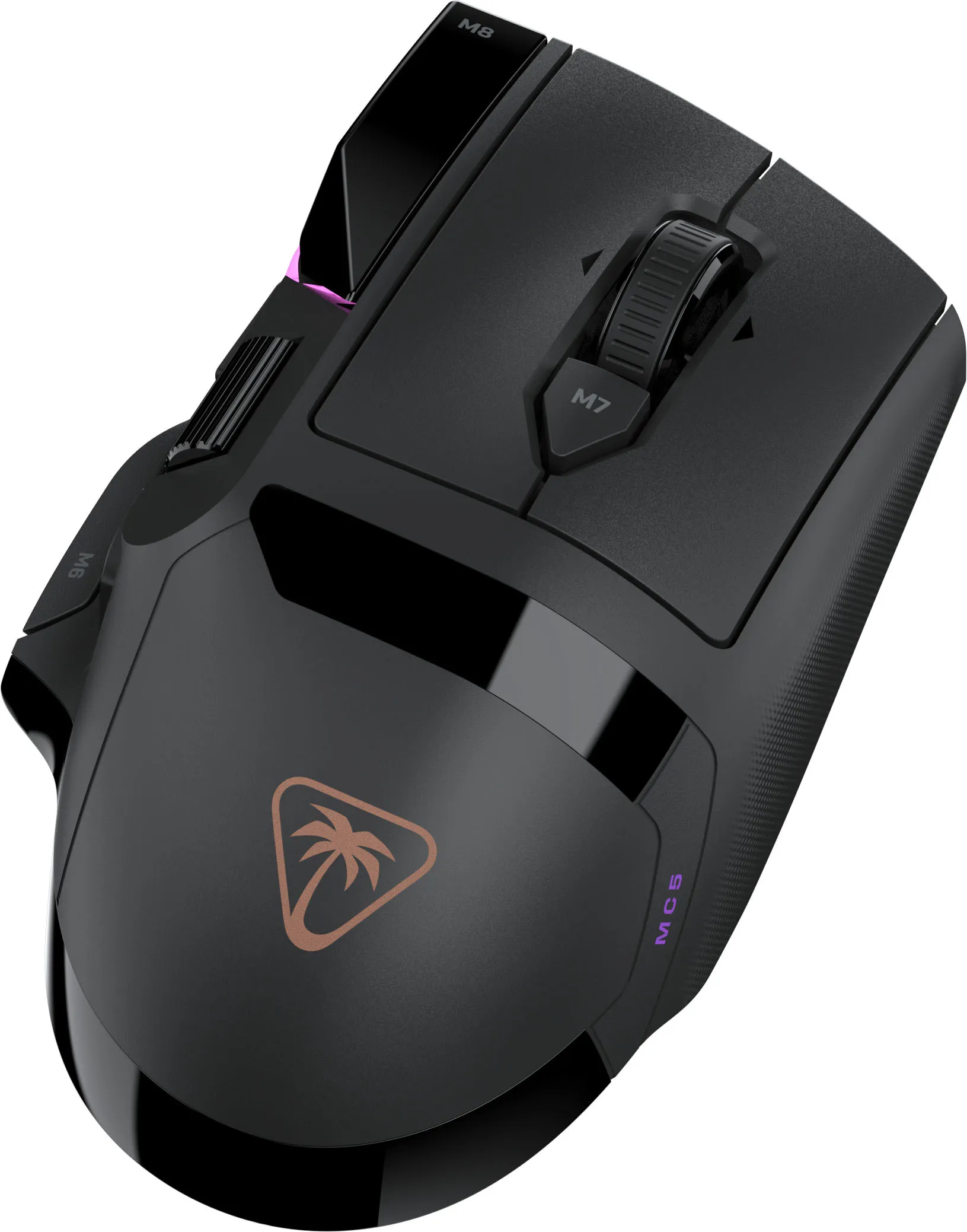 Mouse da gioco nero con pulsanti laterali, rotellina e logo con palma dorata.
