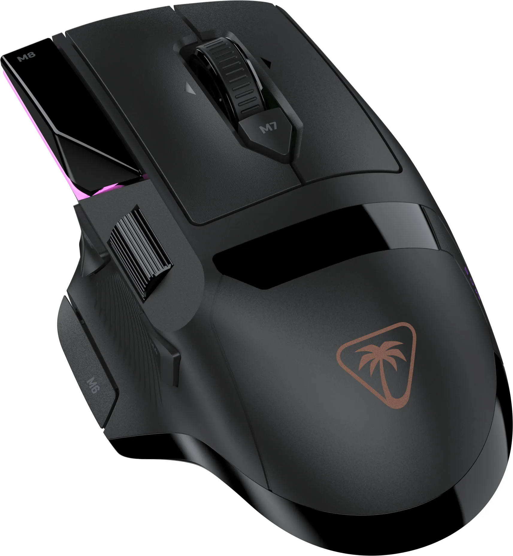 Un mouse da gioco ergonomico nero con vari pulsanti, rotellina e logo con palma sul retro.