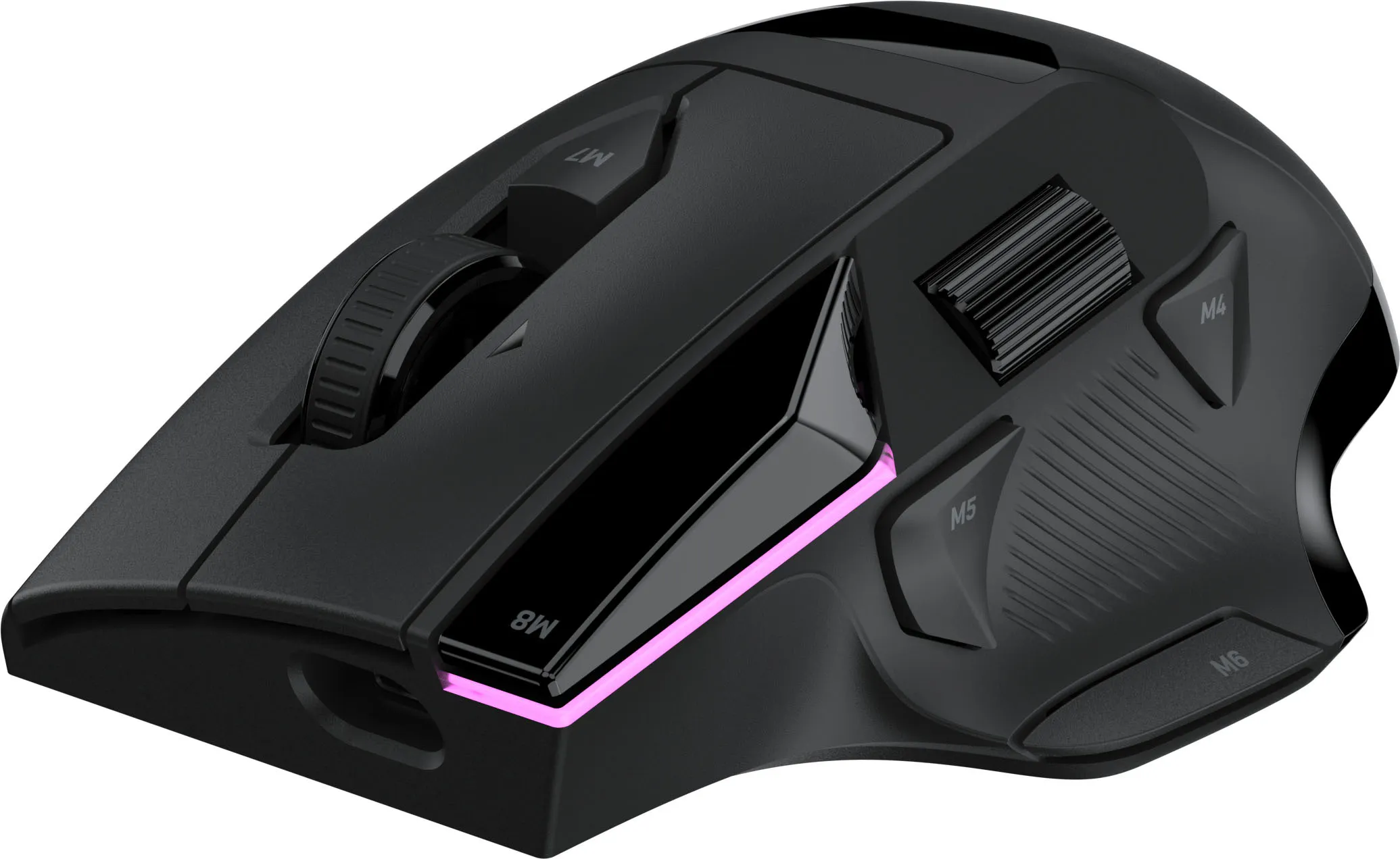 Mouse da gioco nero con più pulsanti e una striscia LED rosa.