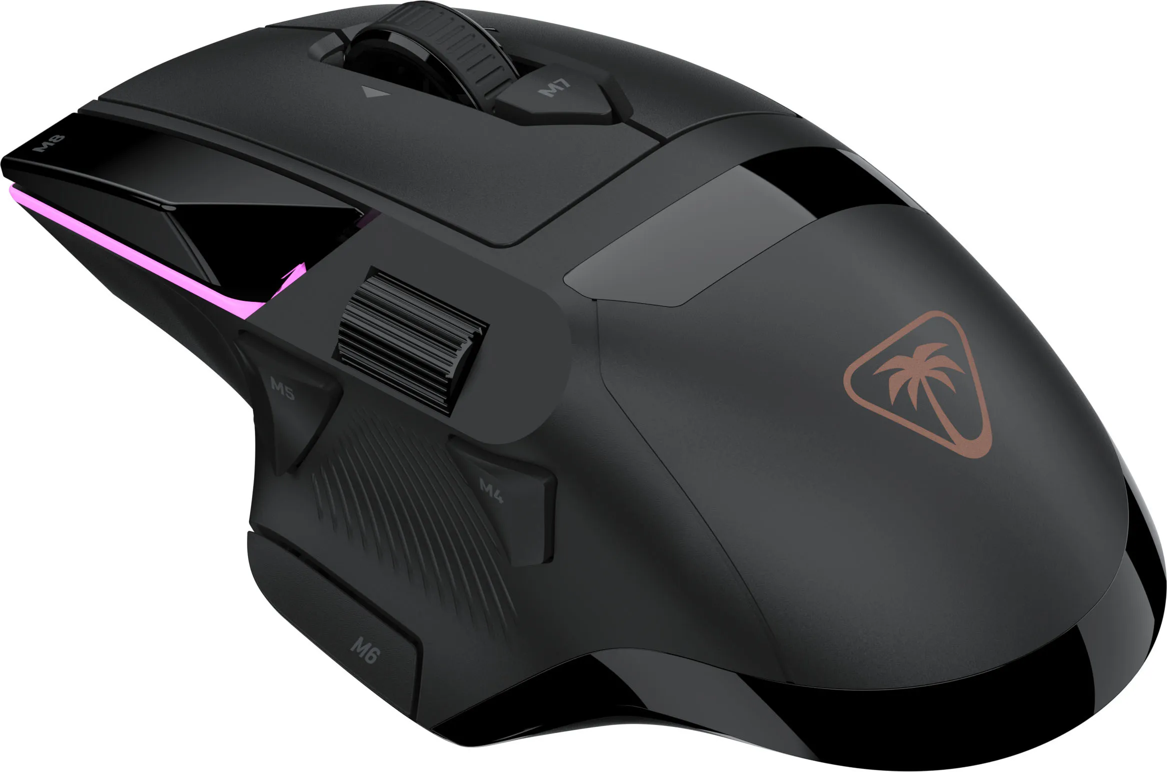 Un mouse da gioco nero con diversi pulsanti laterali, una rotellina e il logo di una palma.