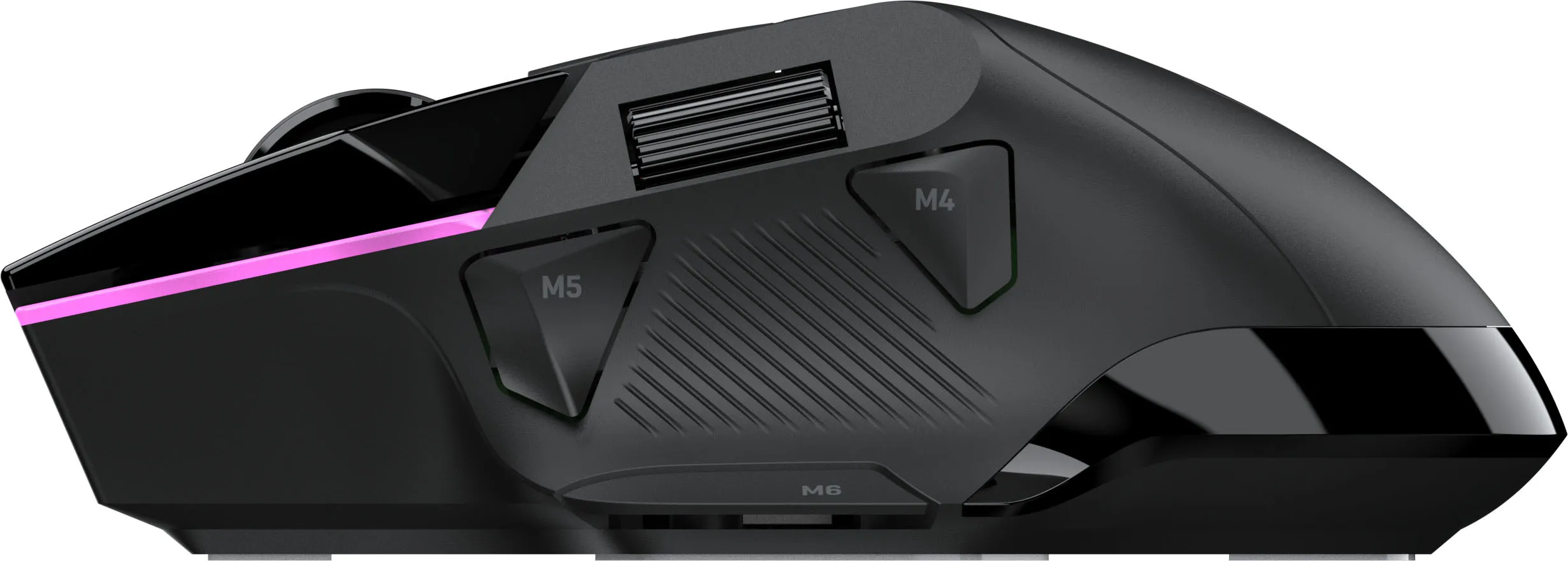 Mouse da gioco nero con illuminazione rosa e diversi pulsanti laterali.