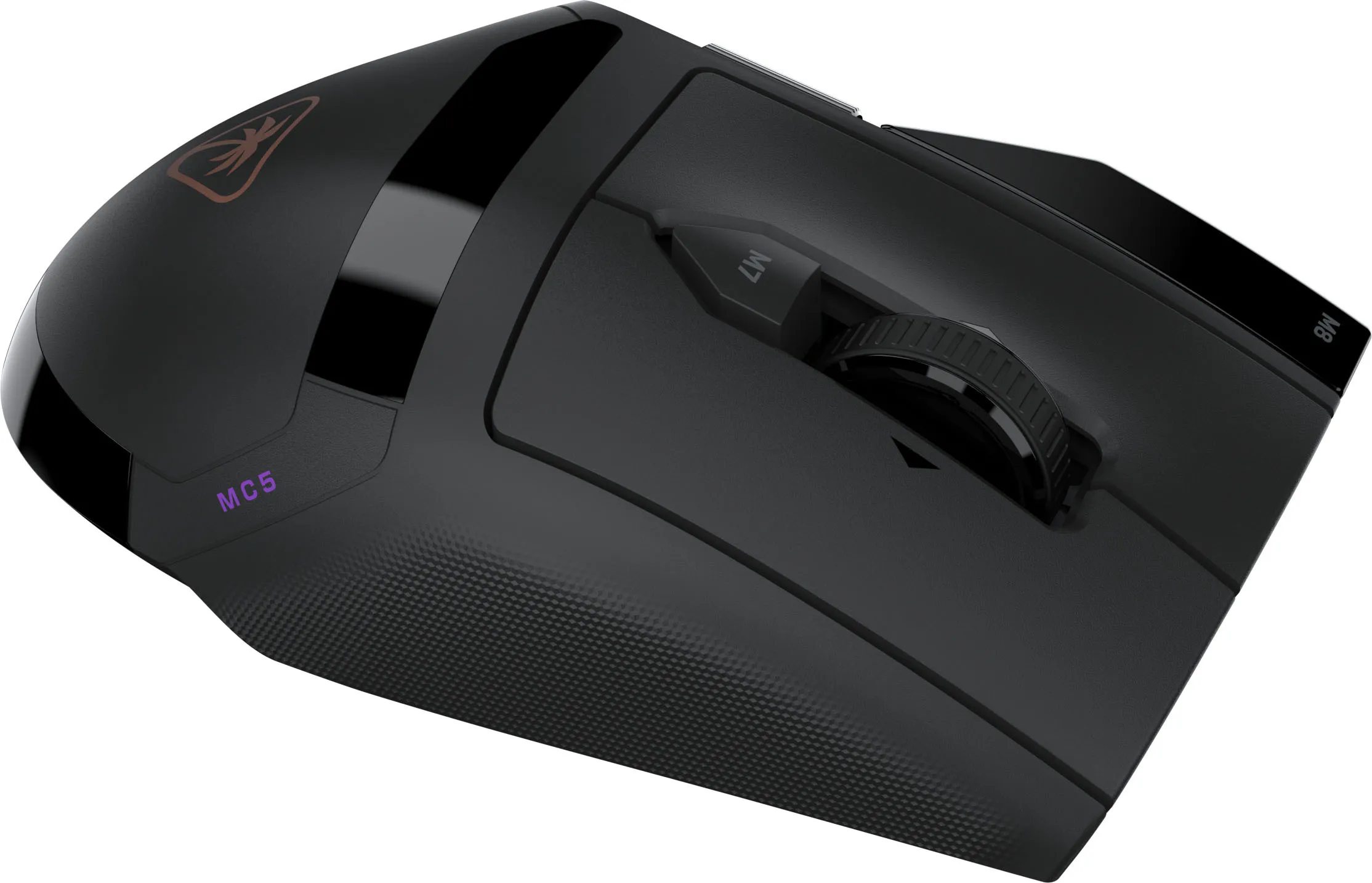 Mouse da gioco nero con rotella di scorrimento e pulsanti laterali su sfondo bianco.