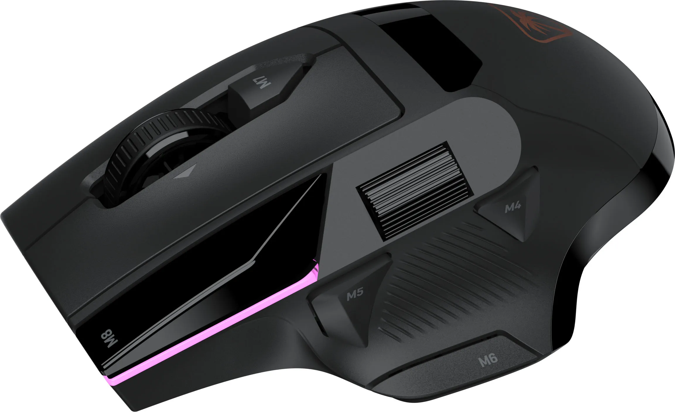 Un mouse da gioco nero con illuminazione rosa e vari pulsanti programmabili.