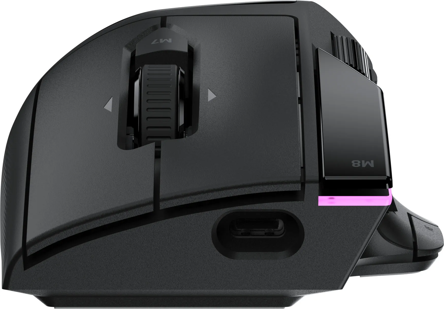 Mouse da gioco nero con rotellina, porta USB-C e illuminazione LED rosa.