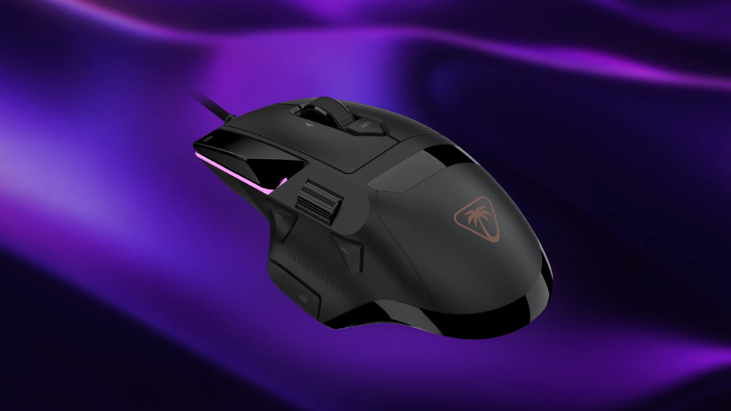 Mouse da gioco nero con illuminazione RGB e pulsanti extra su uno sfondo viola sfocato.