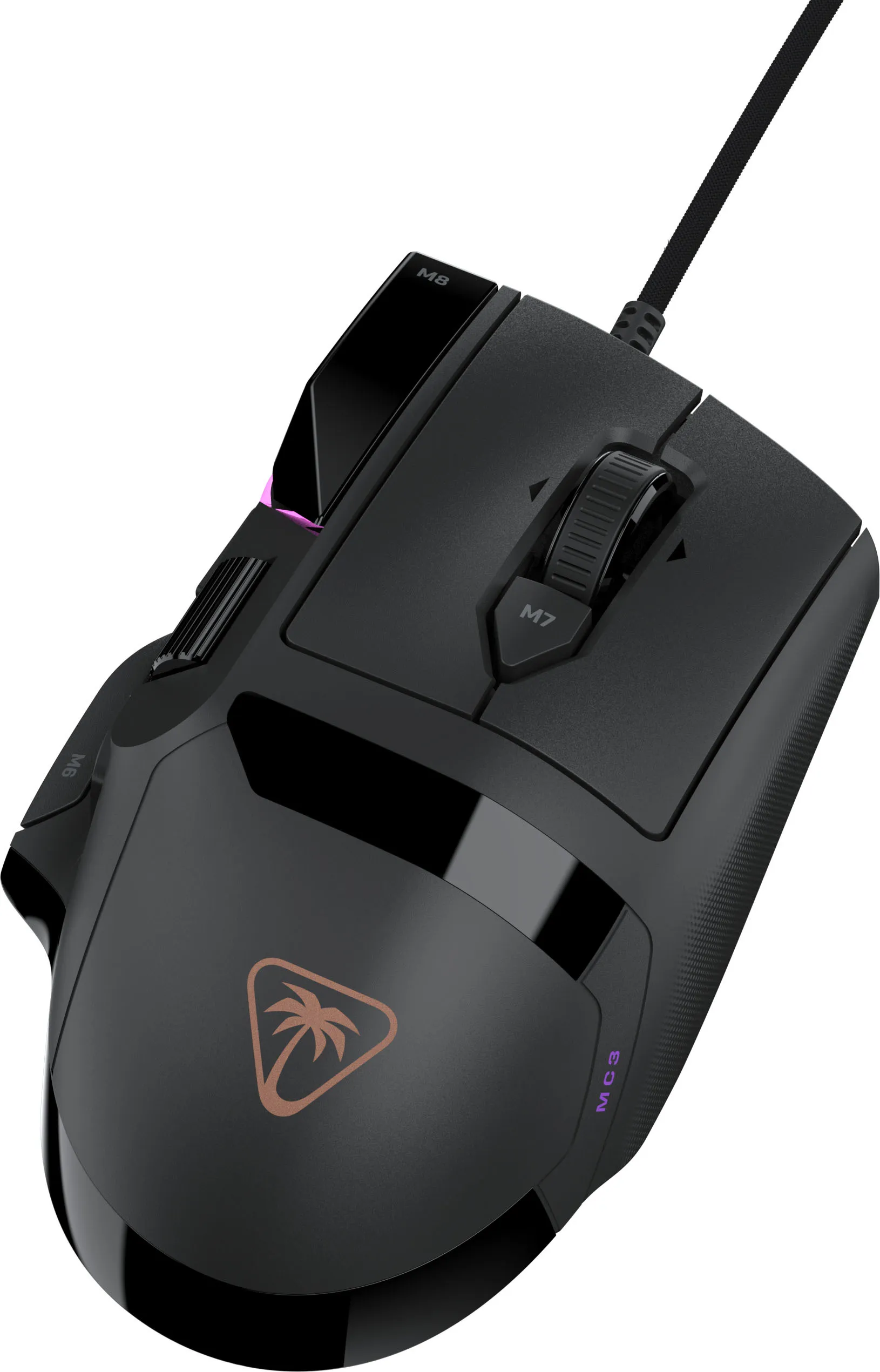 Mouse da gioco cablato nero con pulsanti laterali, rotellina e logo con palma.
