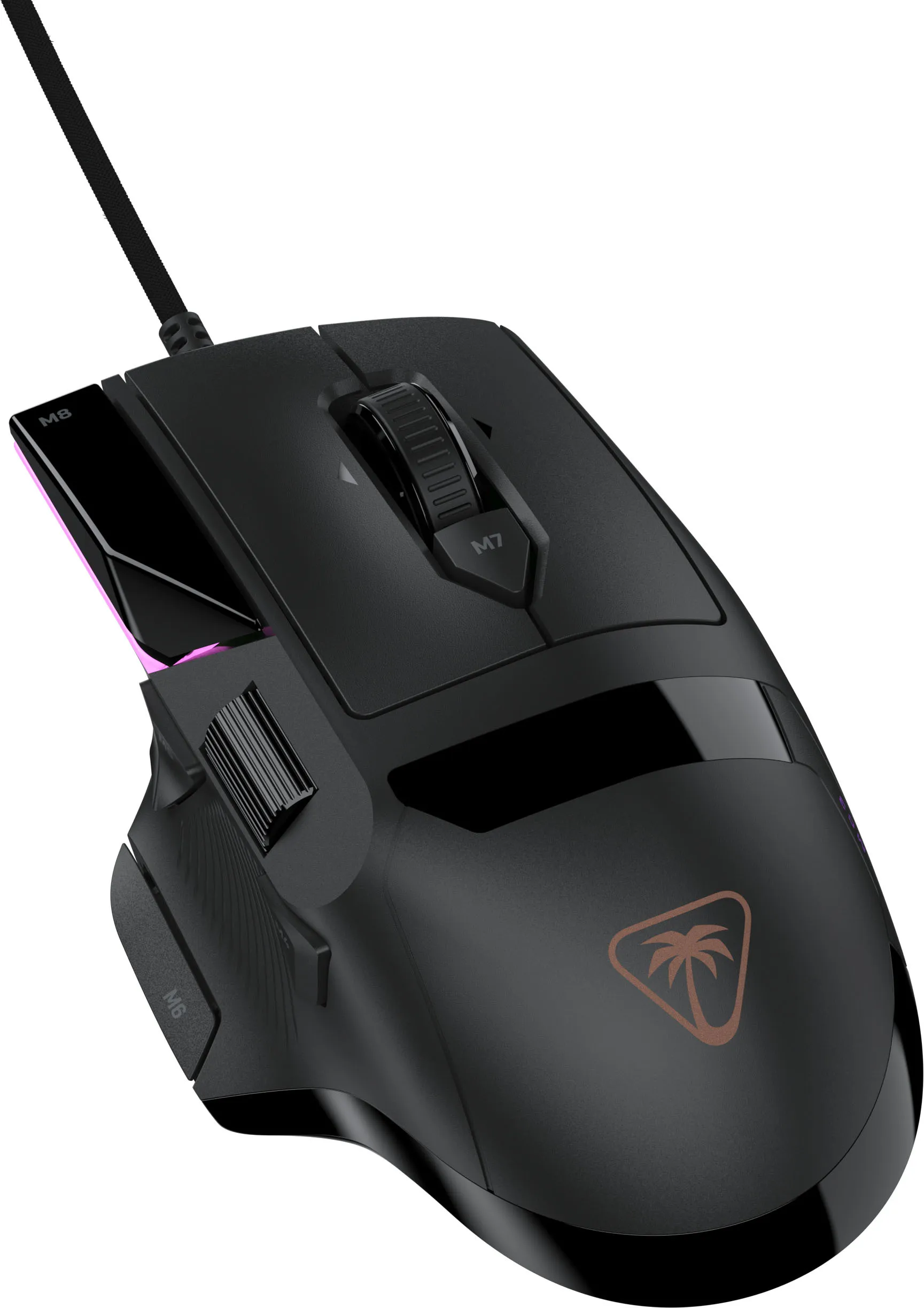 Mouse da gioco nero con rotellina di scorrimento integrata, pulsanti laterali e logo con palma.