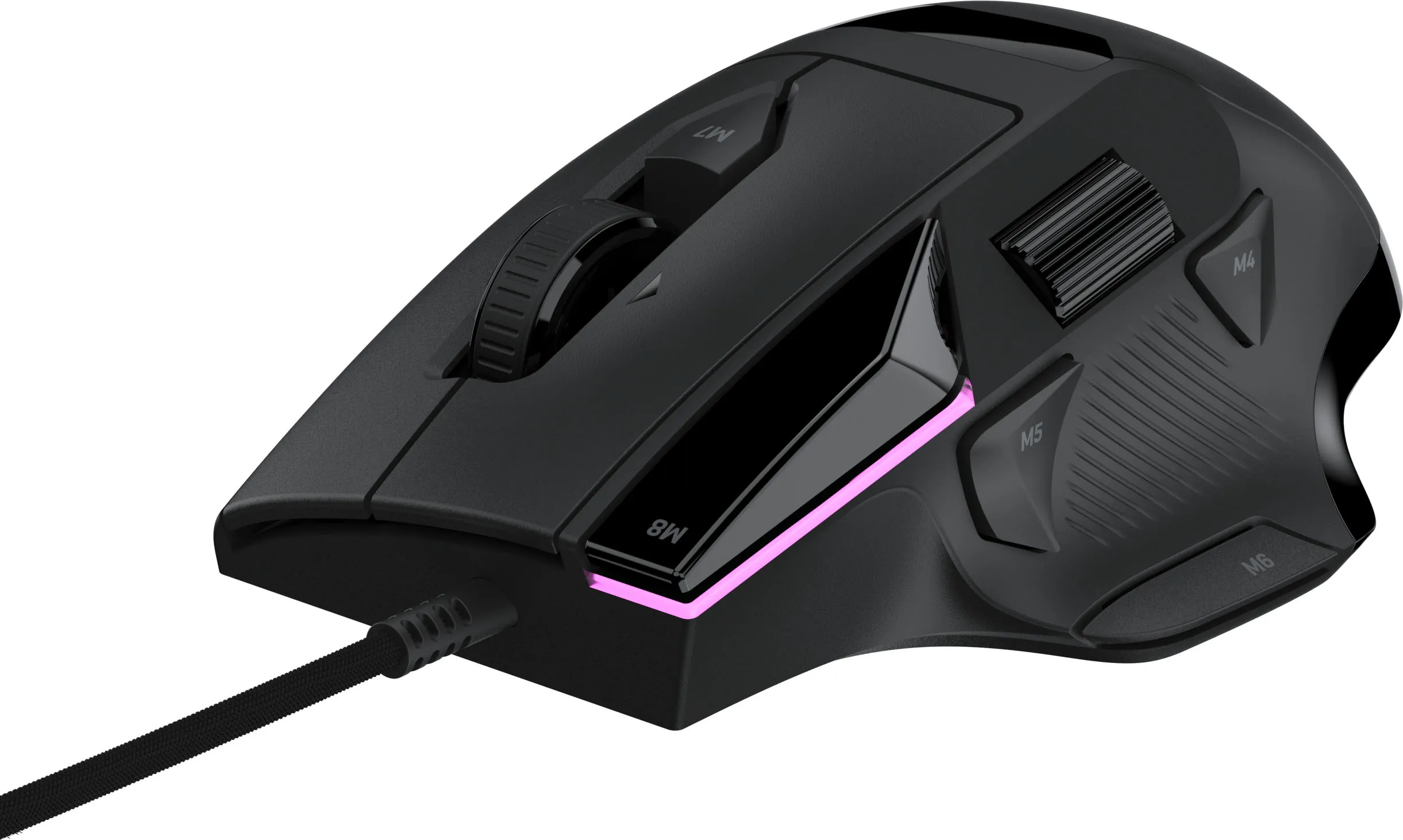 Un mouse da gioco cablato nero con più pulsanti programmabili, una rotellina di scorrimento e una luce viola.