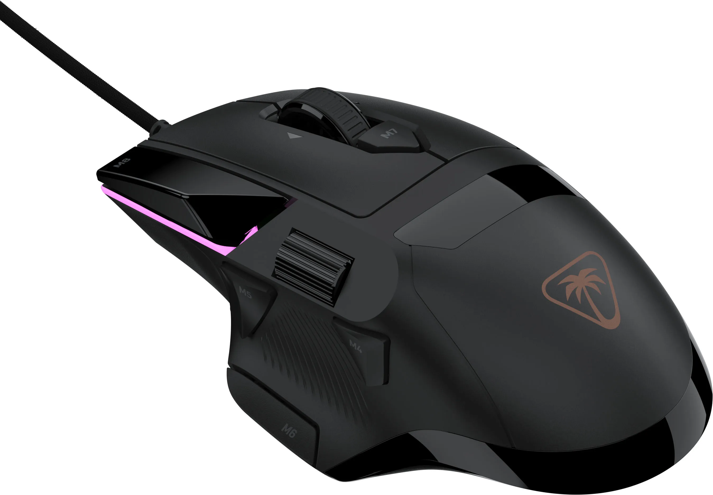 Mouse da gioco nero con illuminazione a LED, pulsanti laterali, rotella e logo a palma sul retro.