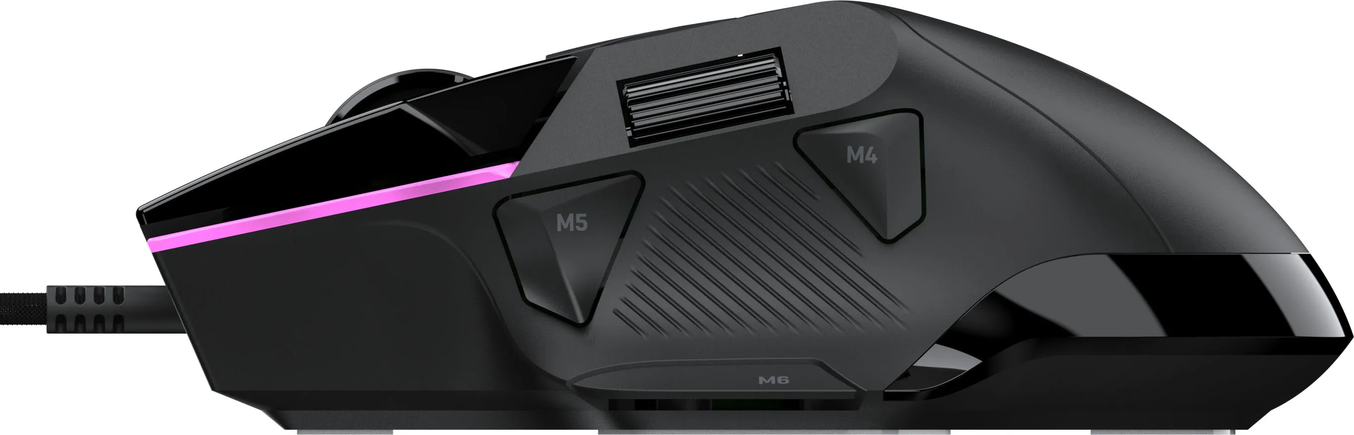Vista laterale di un mouse da gioco nero con pulsanti programmabili, rotella di scorrimento e illuminazione LED rosa.