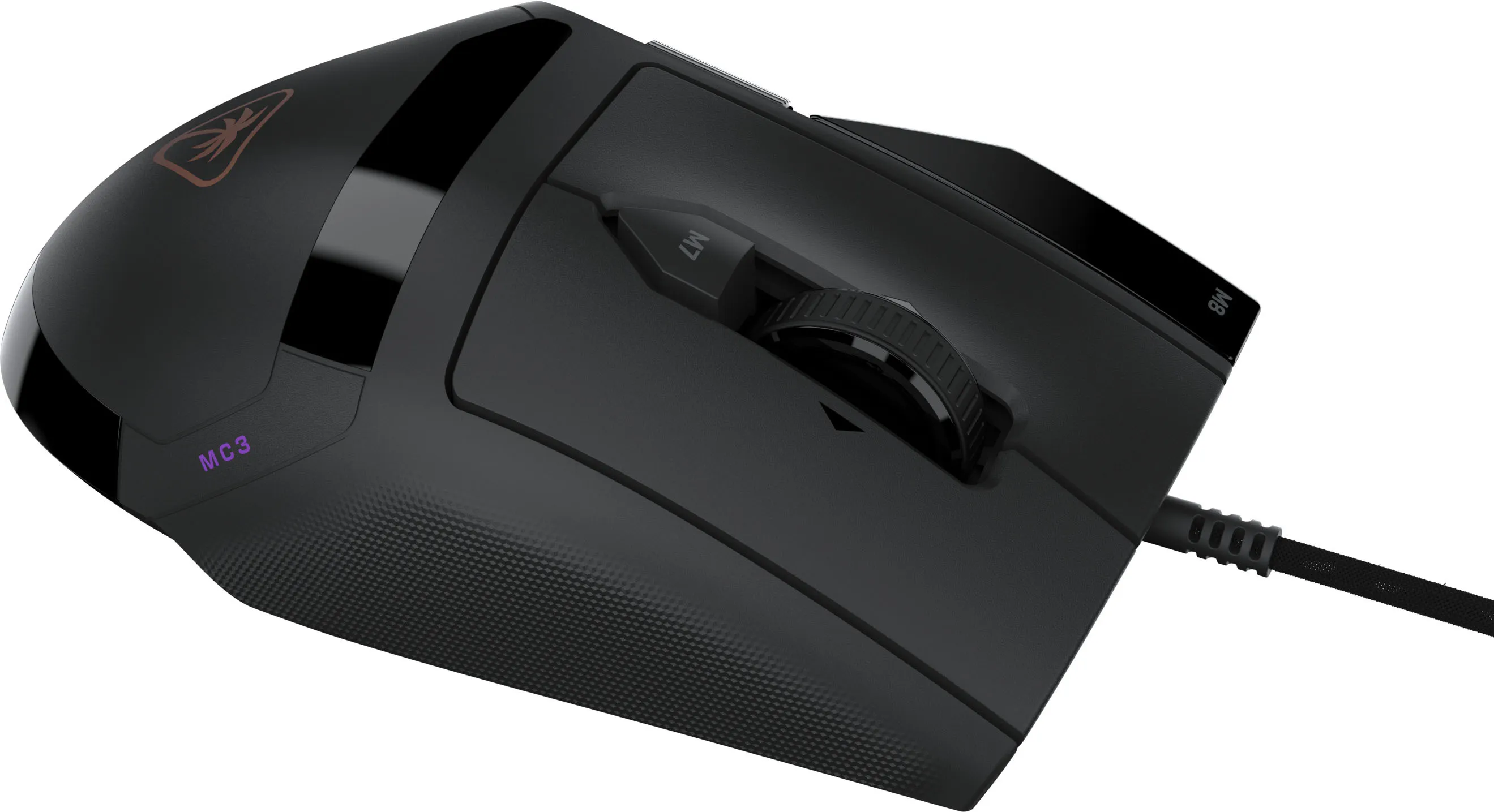 Mouse da gioco cablato nero con impugnature strutturate e rotella di scorrimento su sfondo bianco.