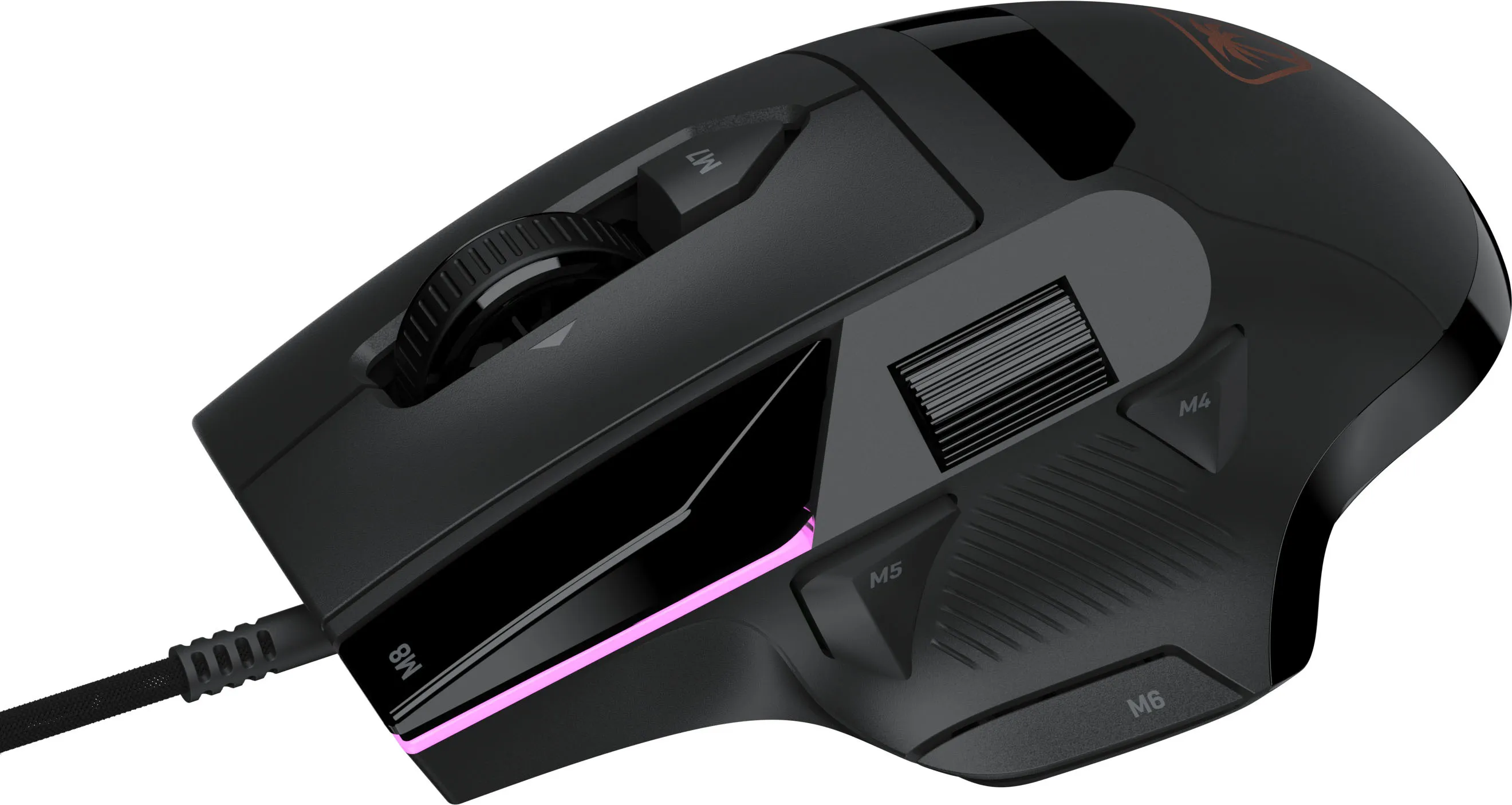 Mouse da gioco nero con più pulsanti e illuminazione rosa su sfondo bianco.