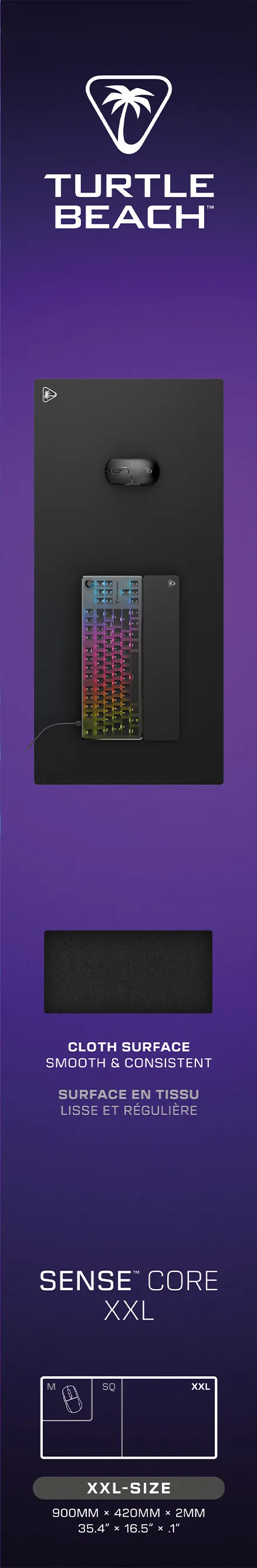 Tappetino per mouse nero Turtle Beach Sense Core XXL sulla confezione, mostrato con tastiera e mouse RGB.