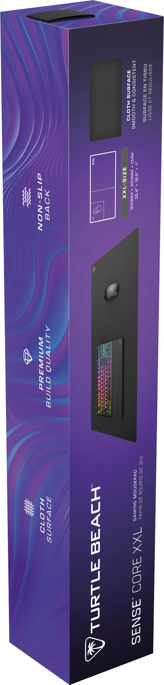Confezione viola del tappetino per mouse da gioco Turtle Beach Sense Core XXL con immagini e testo.