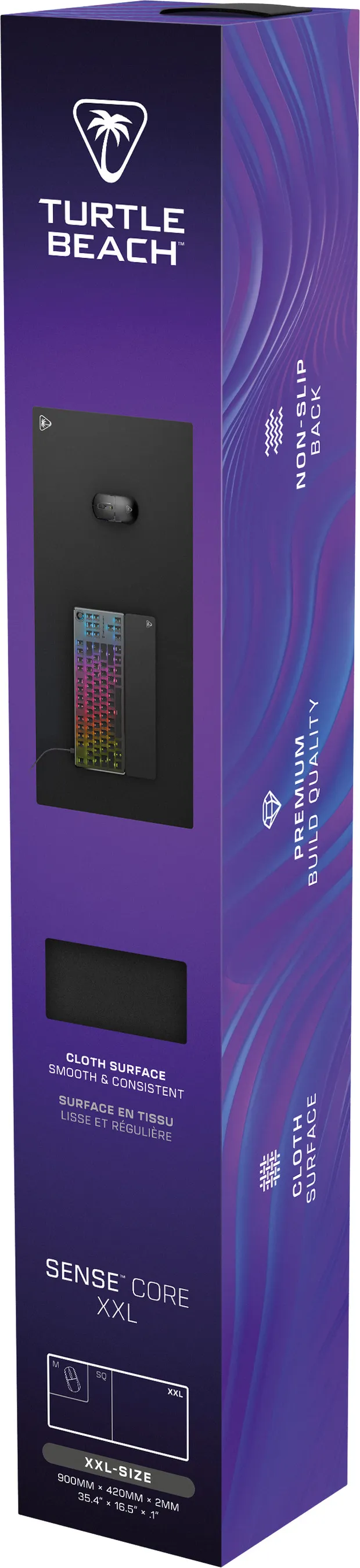 Scatola viola del tappetino Turtle Beach Sense Core XXL con immagine di pad, tastiera e mouse.