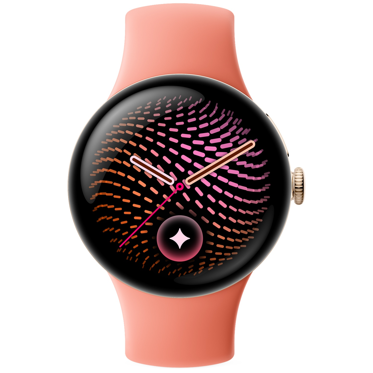 Een roze smartwatch met een rond scherm dat een kleurrijk stippenpatroon en wijzers toont, tegen een witte achtergrond.
