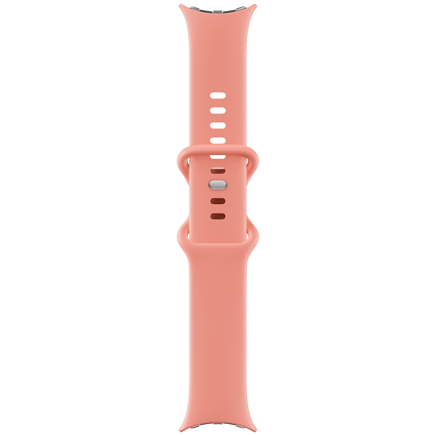 Een zalmroze siliconen smartwatchband met zilveren gesp op een witte achtergrond.