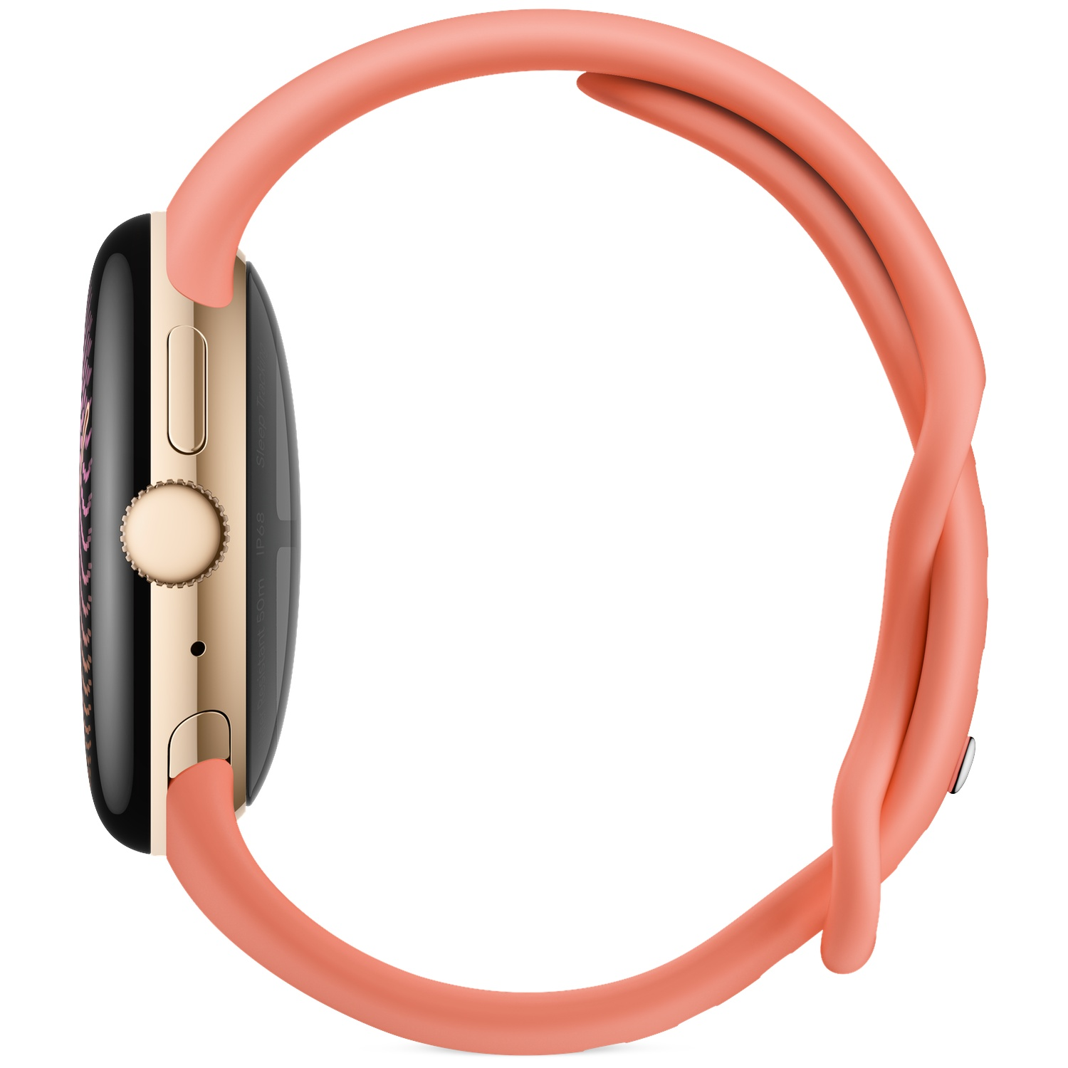 Zijaanzicht van een gouden smartwatch met een roze siliconen band tegen een witte achtergrond.