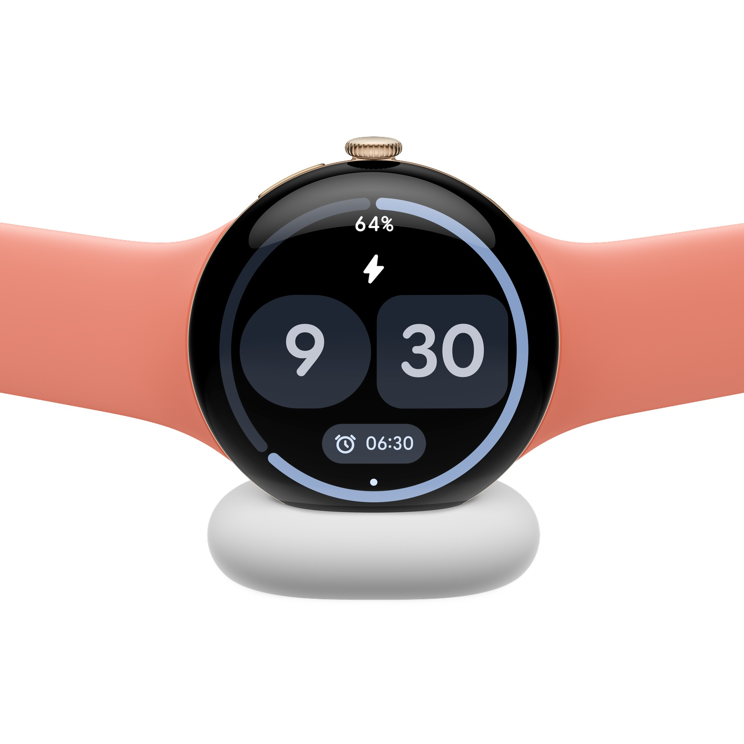 Een roze smartwatch op een witte oplaadstandaard toont 9:30 en 64 procent batterij.