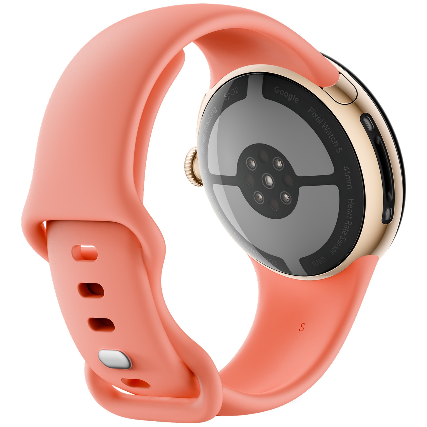 Achterkant van een roze smartwatch met sensoren op de behuizing.