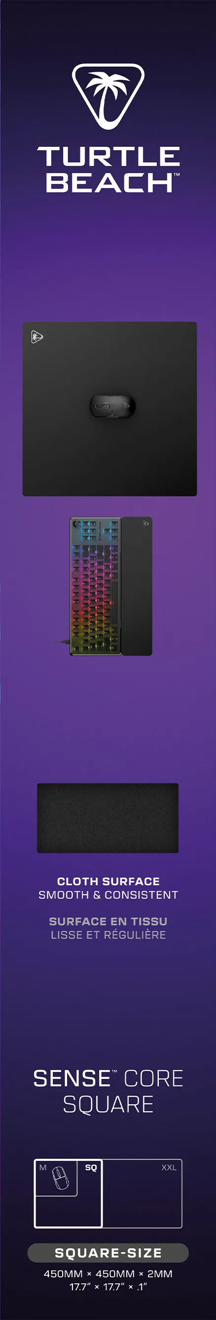 Emballage de tapis de souris Turtle Beach Sense Core Square avec surface en tissu et dimensions 450x450 mm.