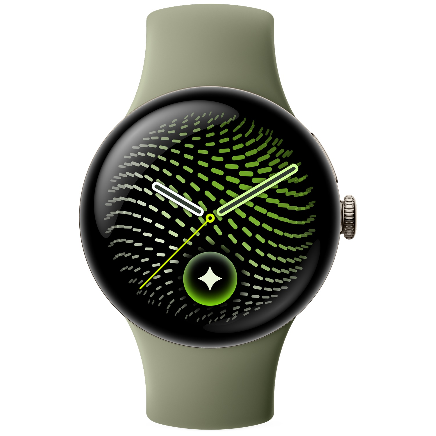 Een groene smartwatch met een ronde wijzerplaat met een groen-zwart patroon en analoge wijzers.