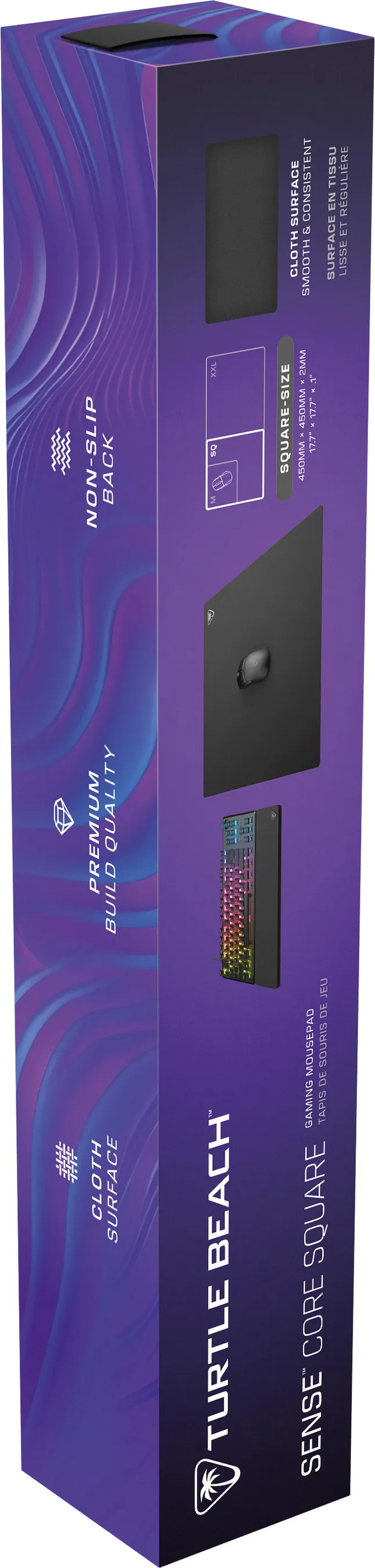 Boîte violette du tapis de souris gaming Turtle Beach Sense Core Square montrant des images et caractéristiques.