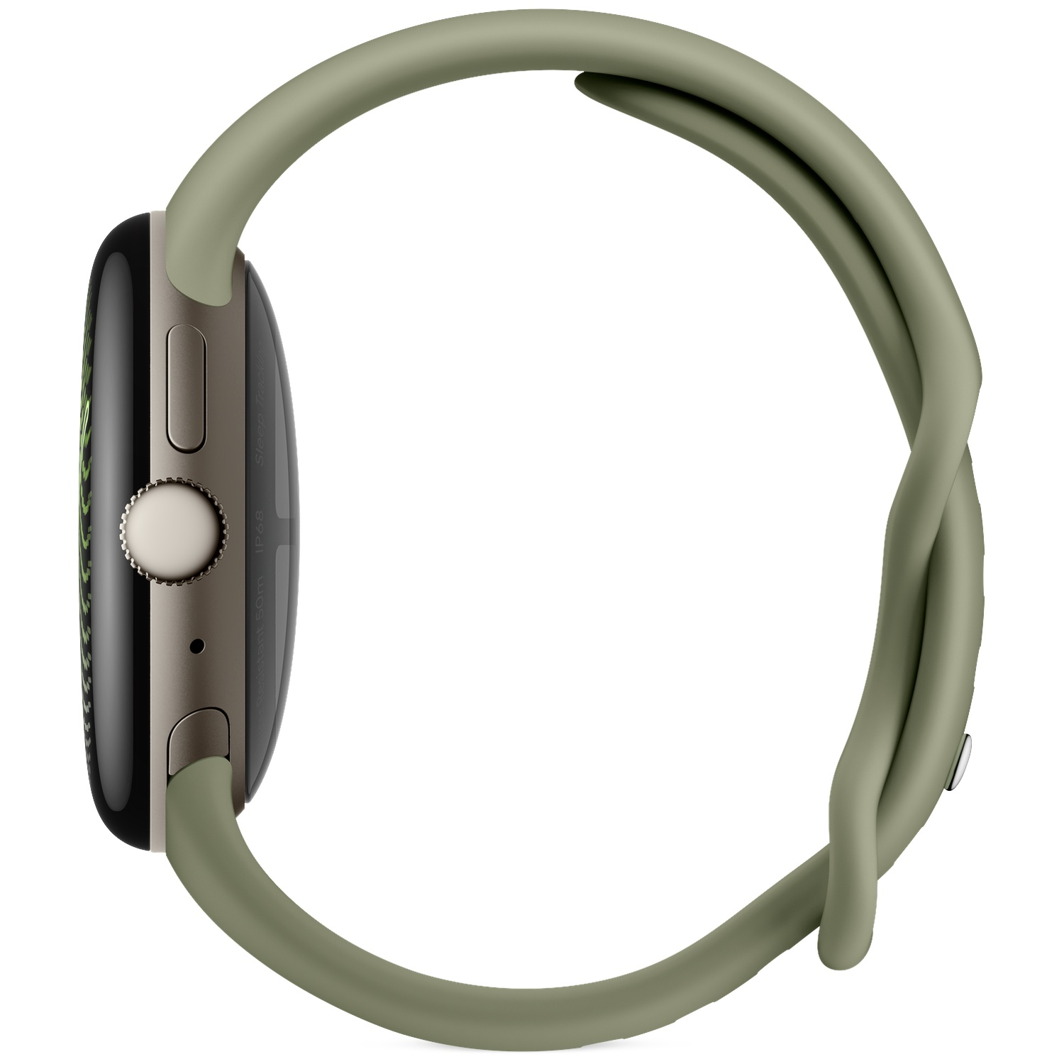 Een smartwatch met donkere metalen kast en groen siliconen bandje, van de zijkant tegen witte achtergrond.
